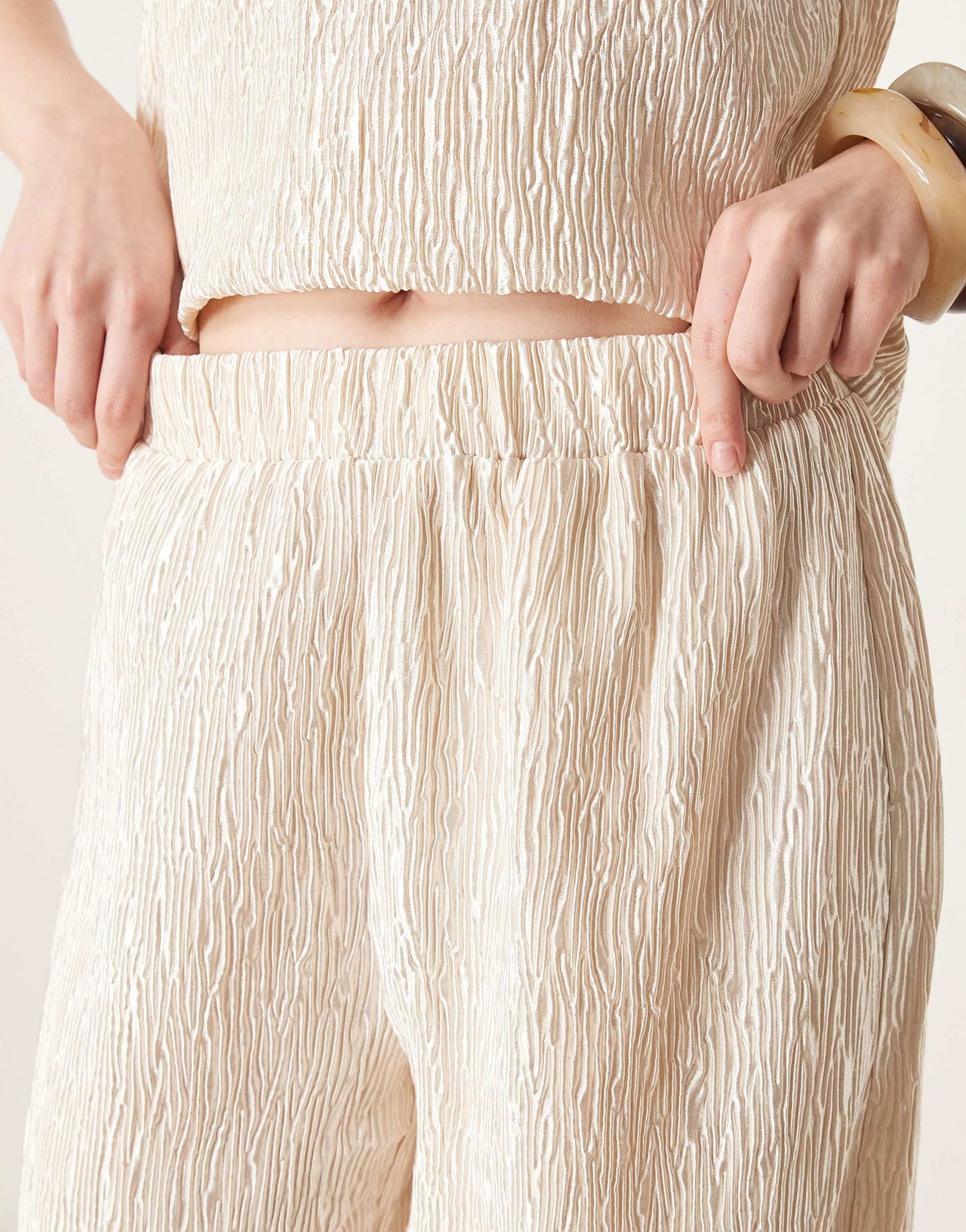 YAS shimmer crinkle wide leg trouser co-ord in sandshell