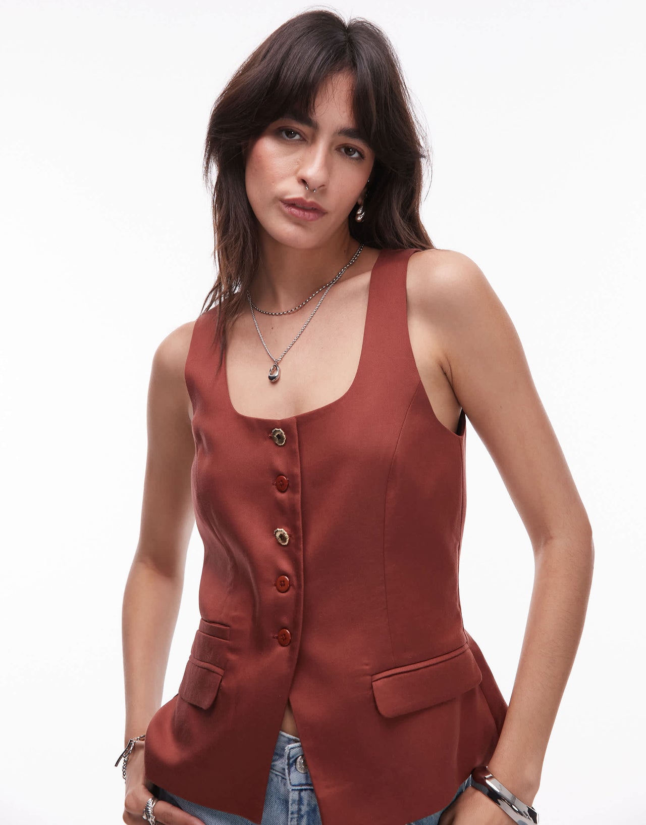 Topshop premium wedding guest occasion scoop neck longline waistcoat in brown