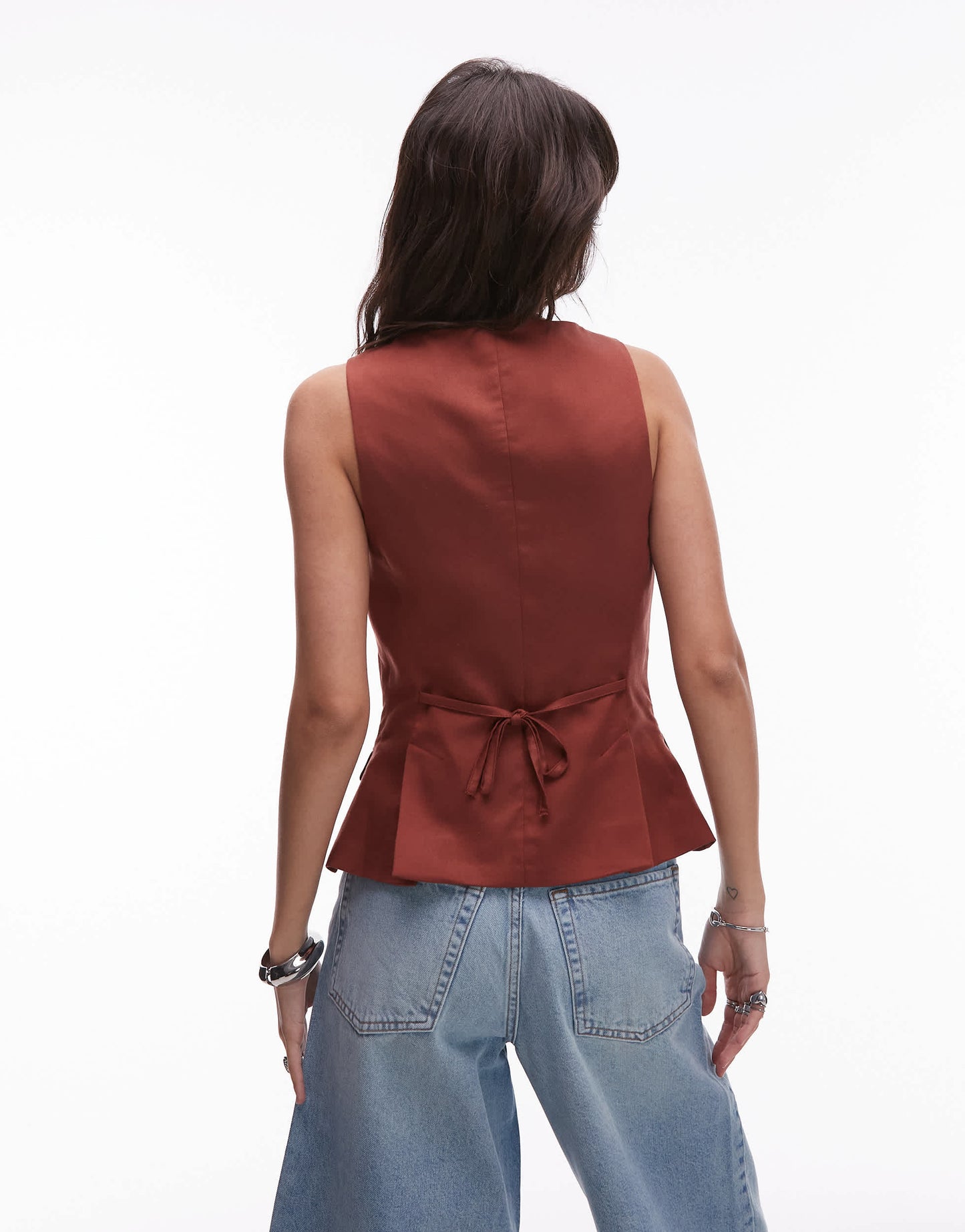 Topshop premium wedding guest occasion scoop neck longline waistcoat in brown