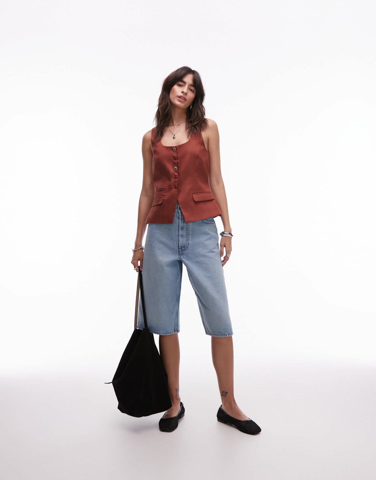 Topshop premium wedding guest occasion scoop neck longline waistcoat in brown