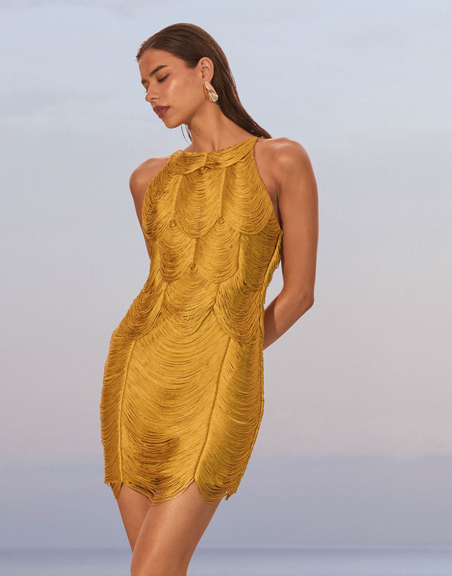 ASOS DESIGN halter draped fringe mini dress in chartreuse