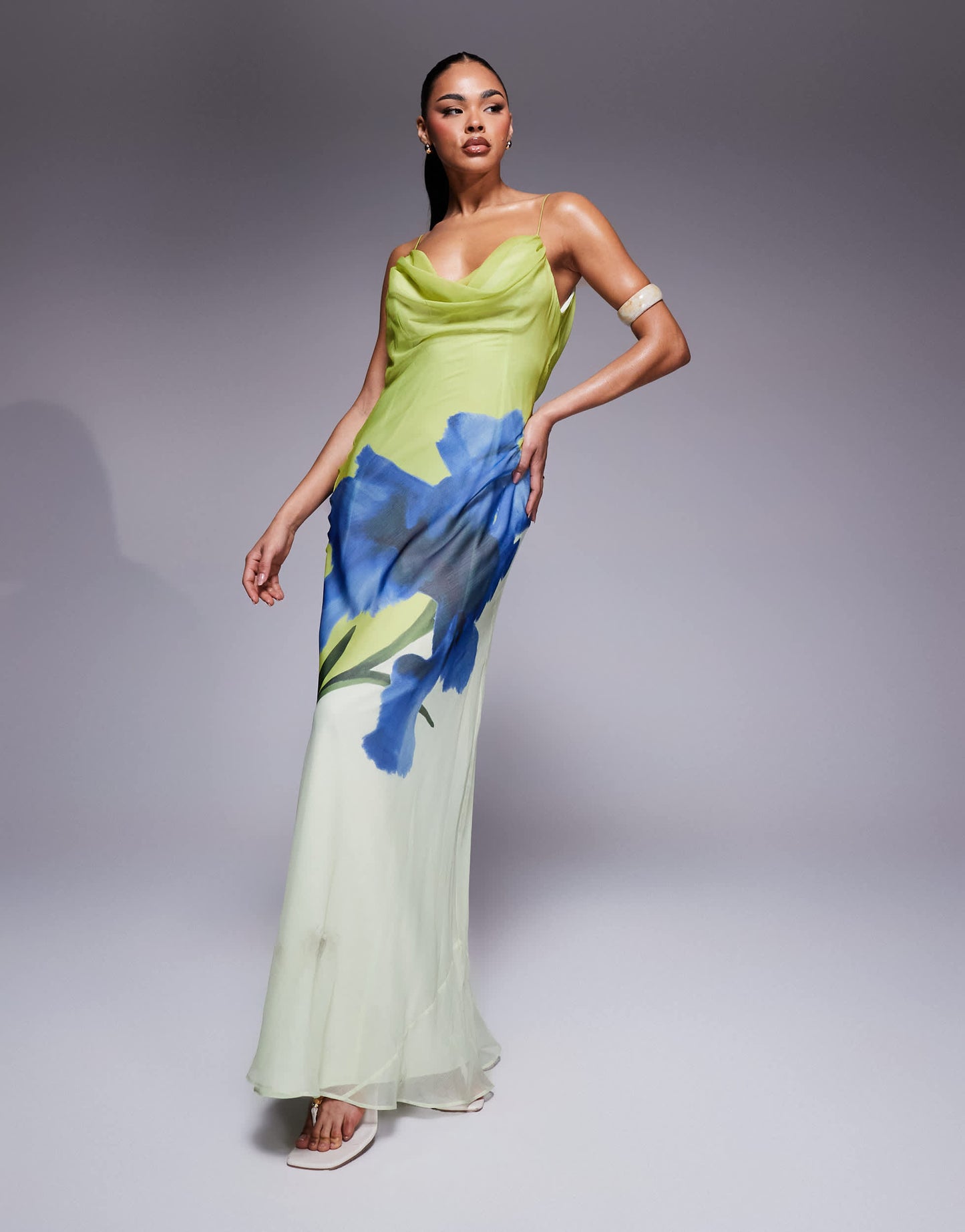 ASOS DESIGN cowl neck plunge maxi dress with back detail in placement floral print