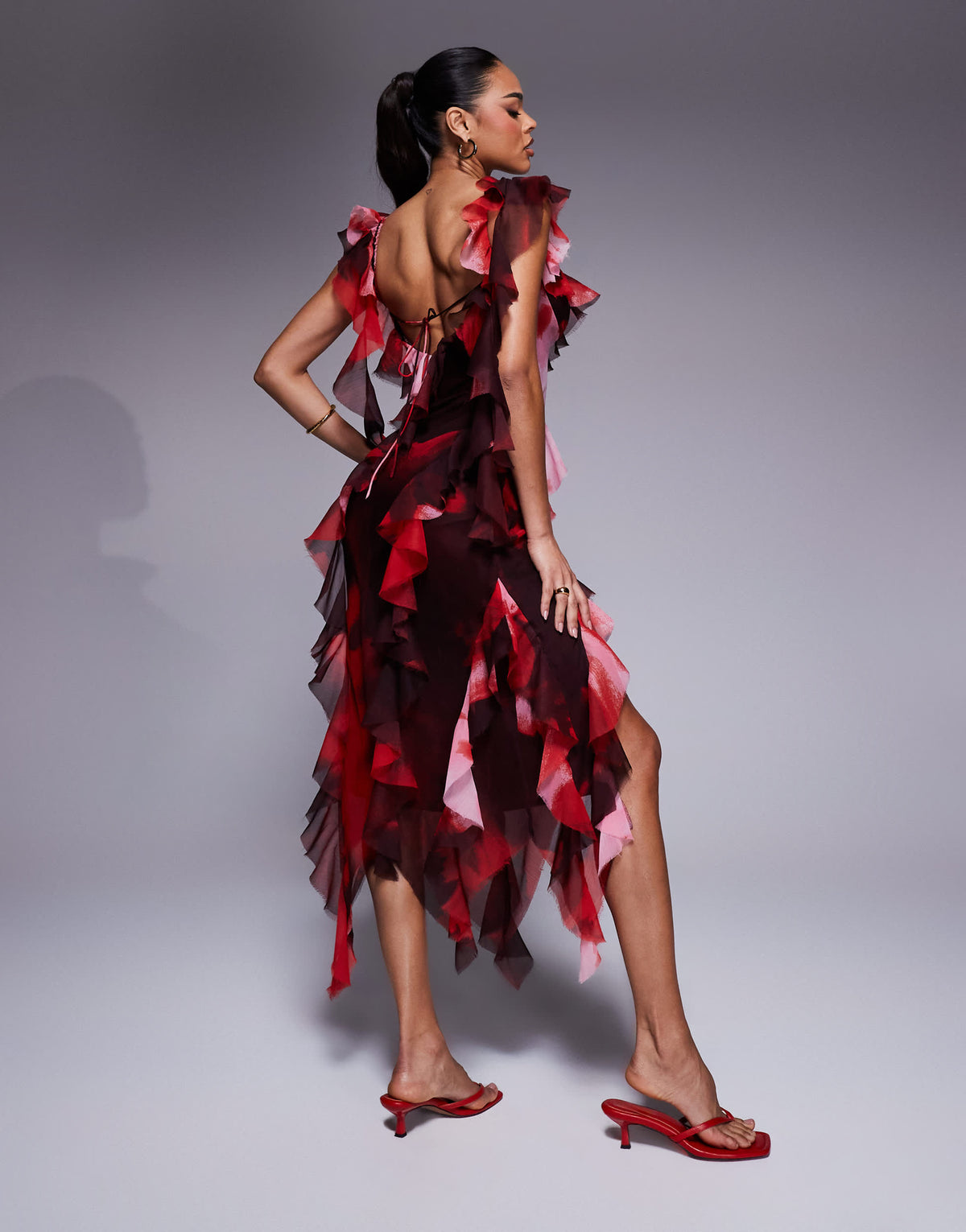 ASOS DESIGN assymetric layered midi dress with tie neck in abstract print