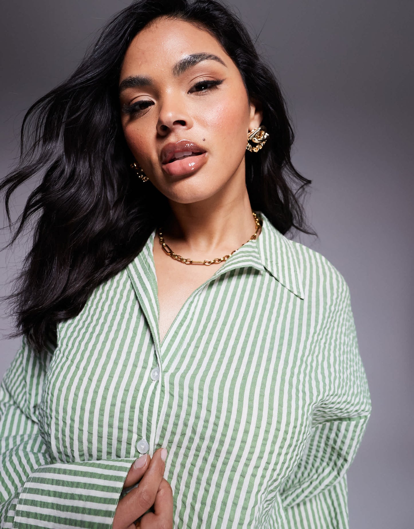 ASOS DESIGN Lisa seersucker cropped beach shirt in green stripe
