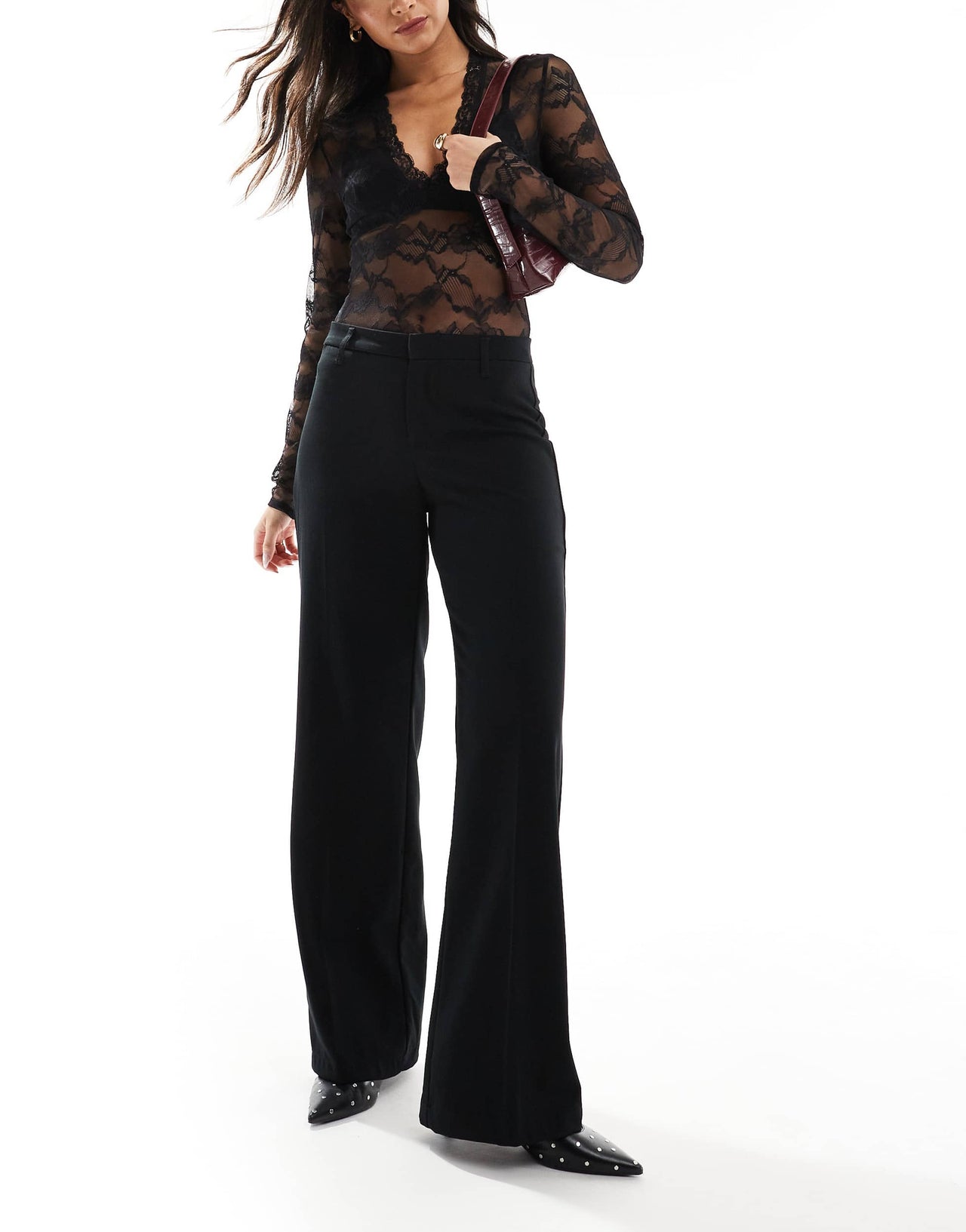 Bershka high waisted wide leg tailored trousers in black