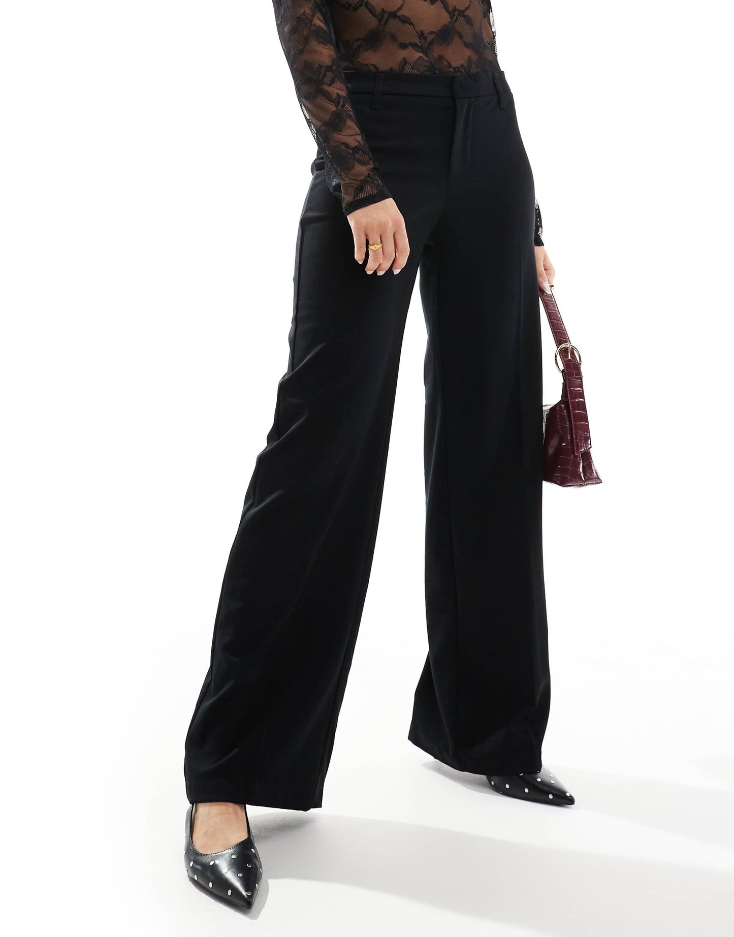 Bershka high waisted wide leg tailored trousers in black