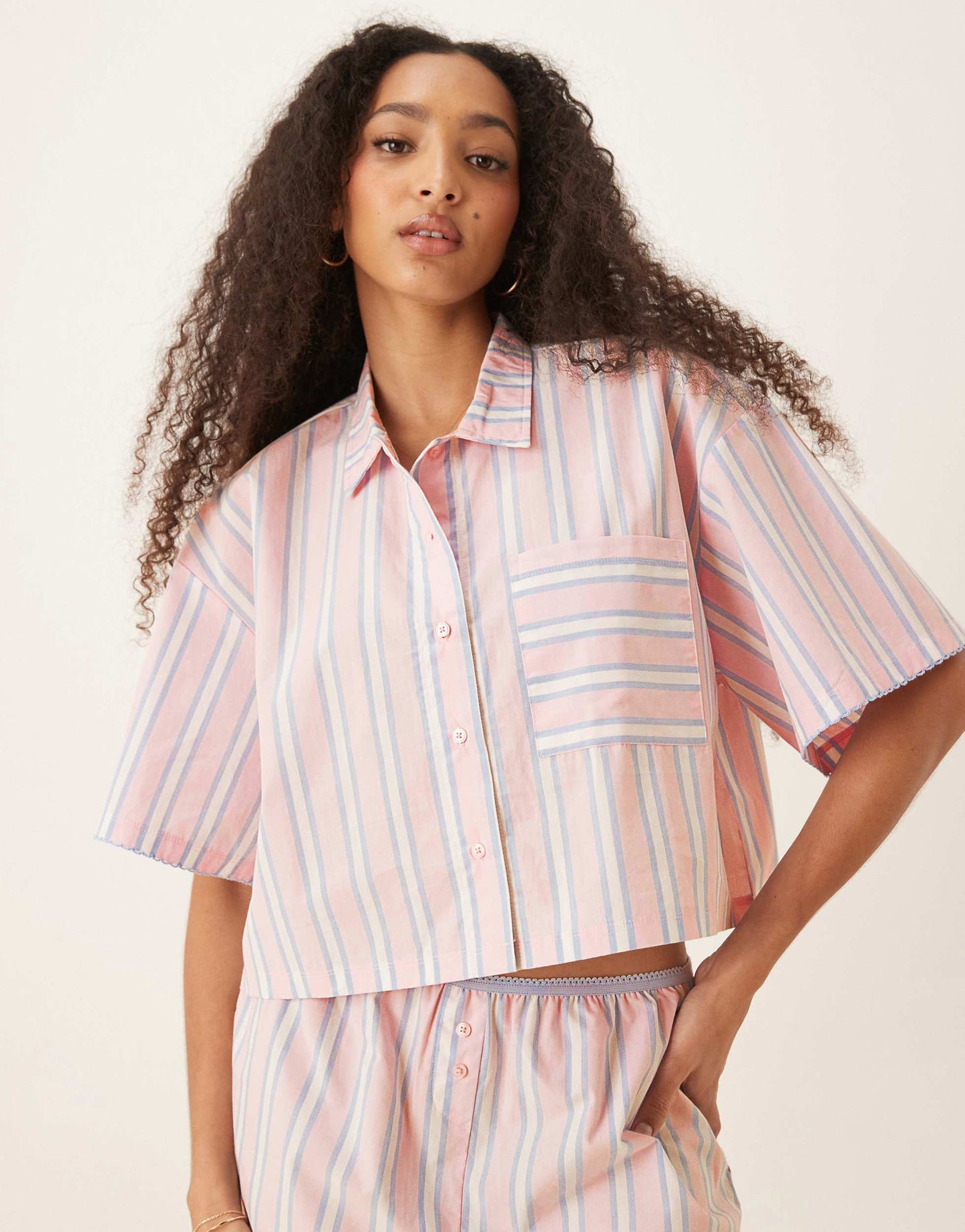 ASOS DESIGN mix & match woven short sleeve pyjama shirt in pink & blue stripe