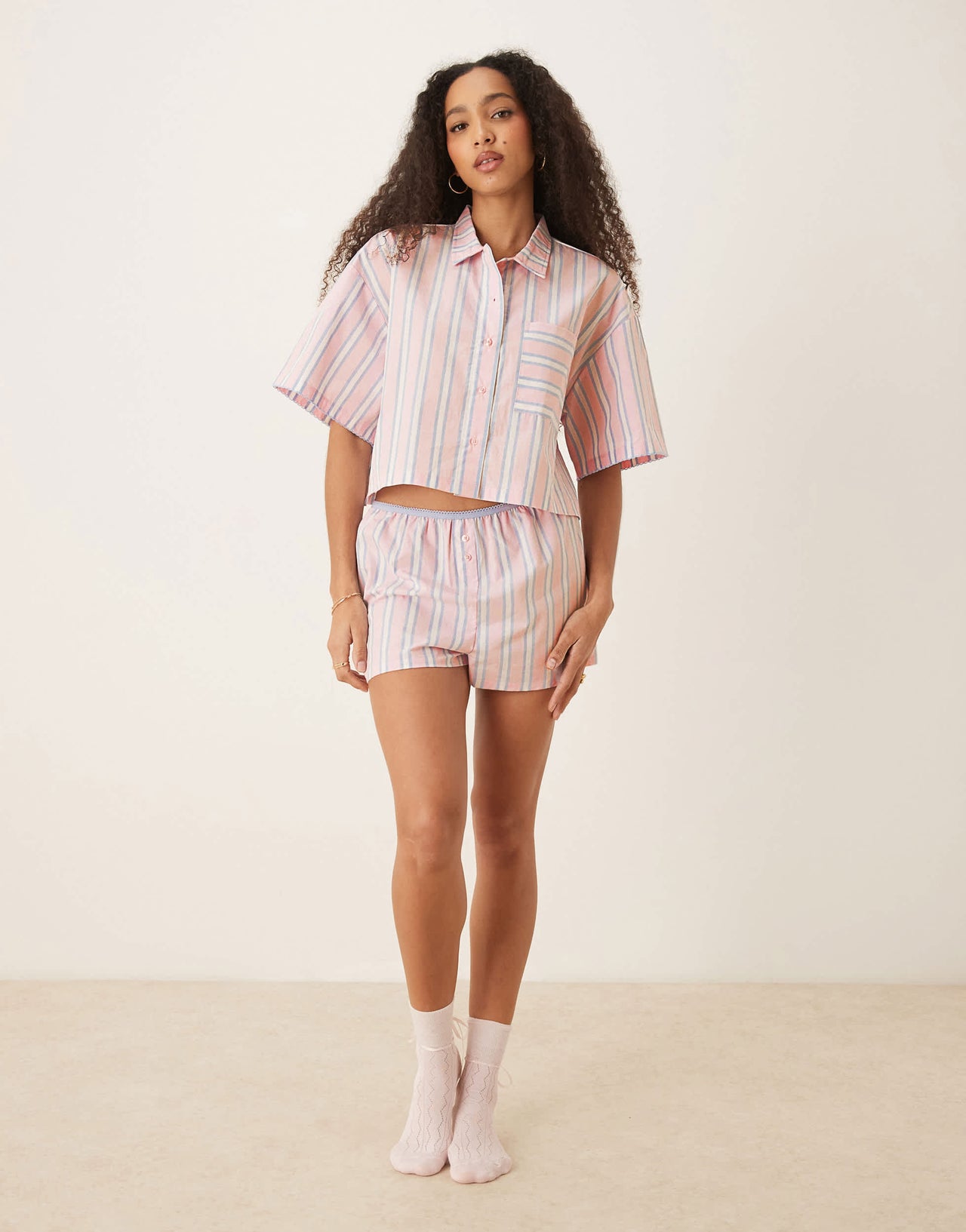 ASOS DESIGN mix & match woven short sleeve pyjama shirt in pink & blue stripe