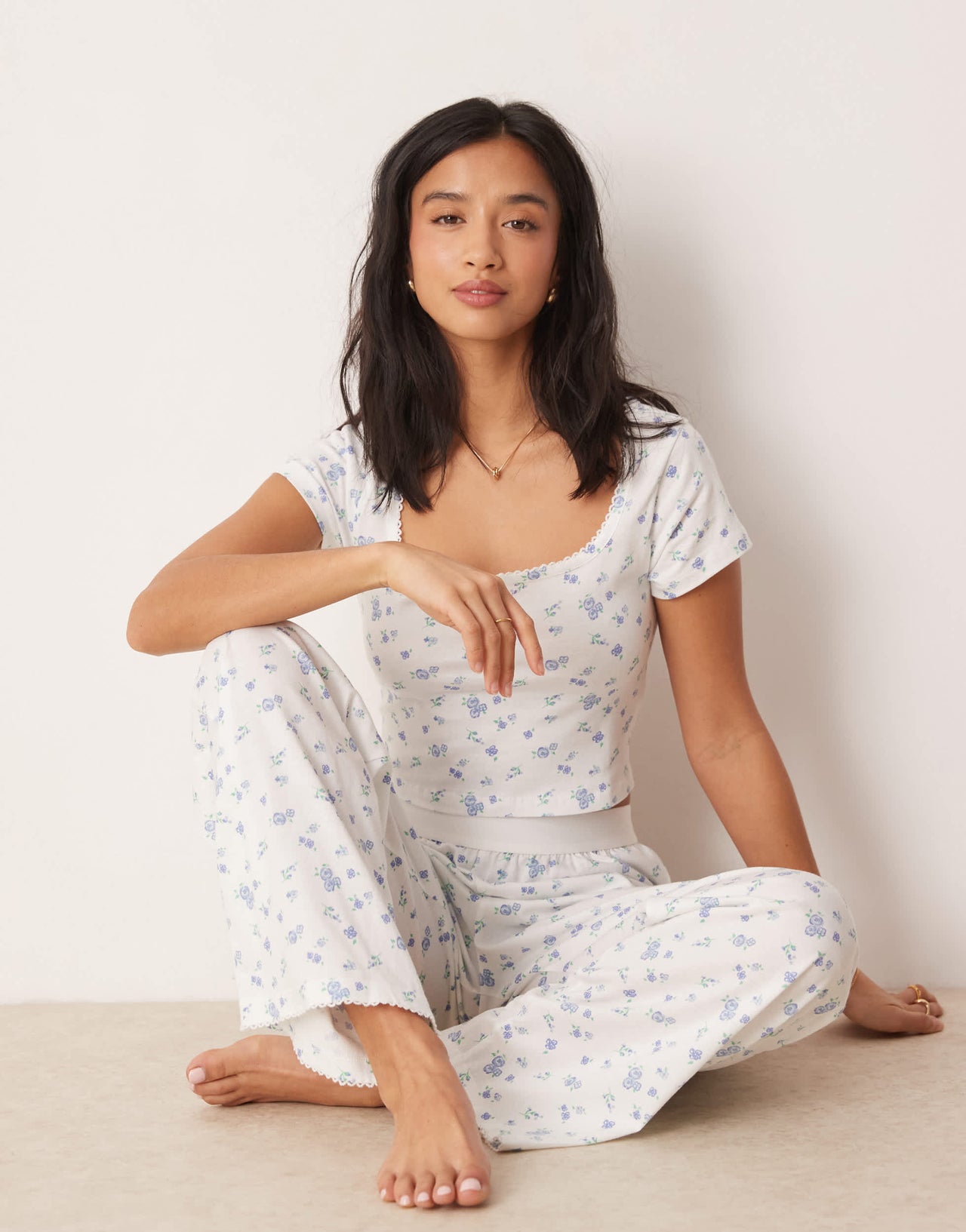 ASOS DESIGN Petite mix & match pyjama trouser with exposed waistband and picot trim in ditsy print