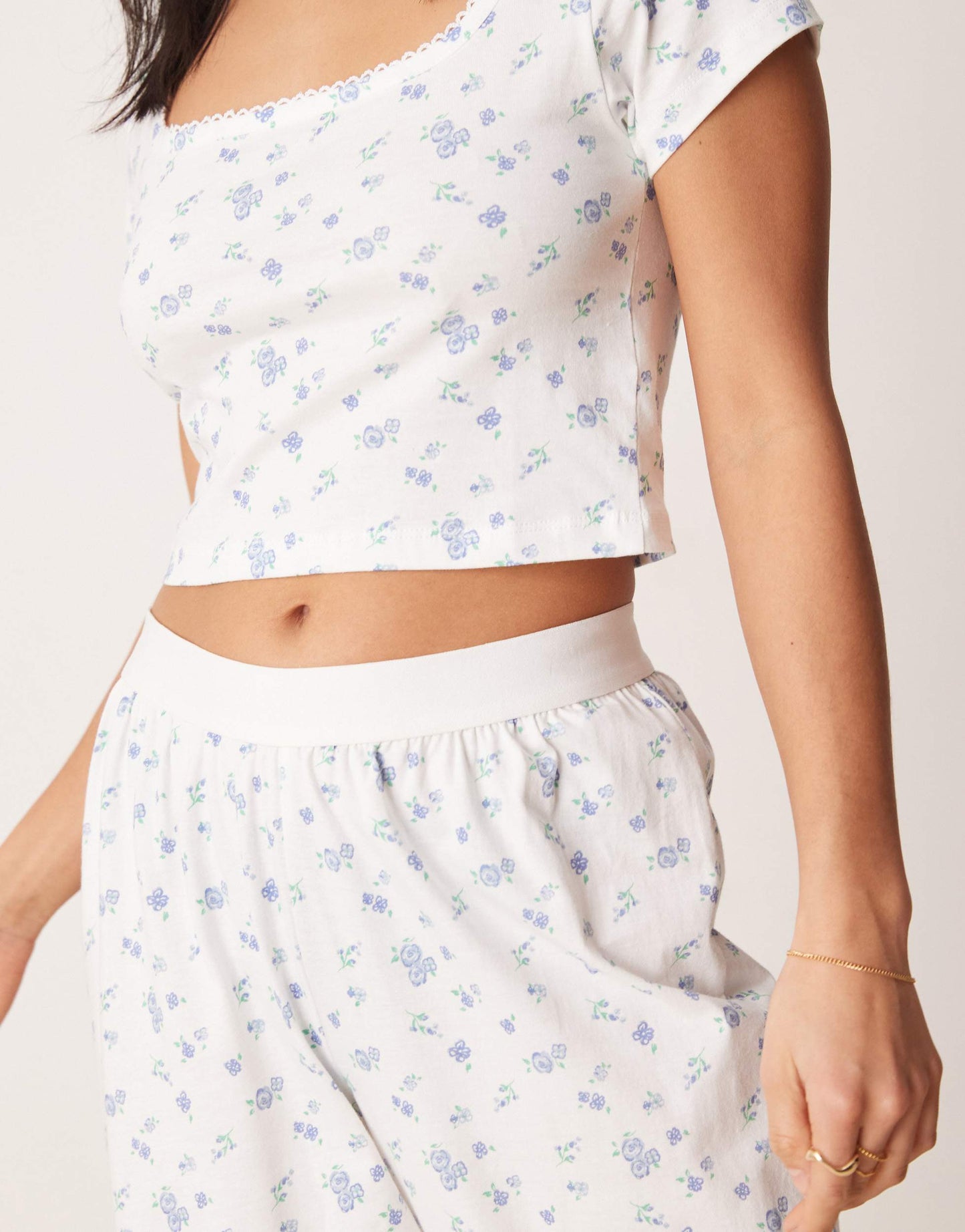 ASOS DESIGN Petite mix & match pyjama trouser with exposed waistband and picot trim in ditsy print