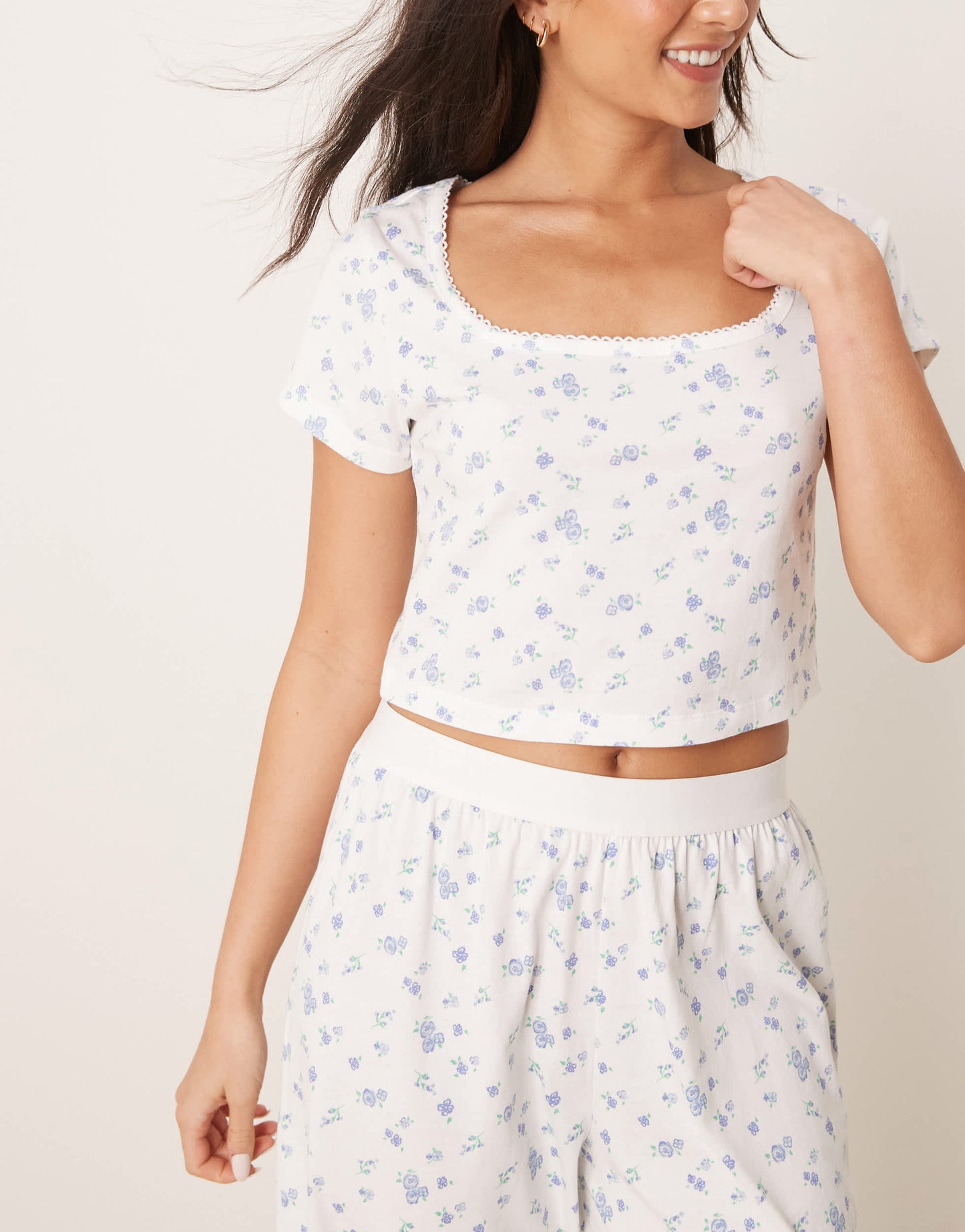 ASOS DESIGN mix & match fitted pyjama tee with picot trim in blue ditsy print