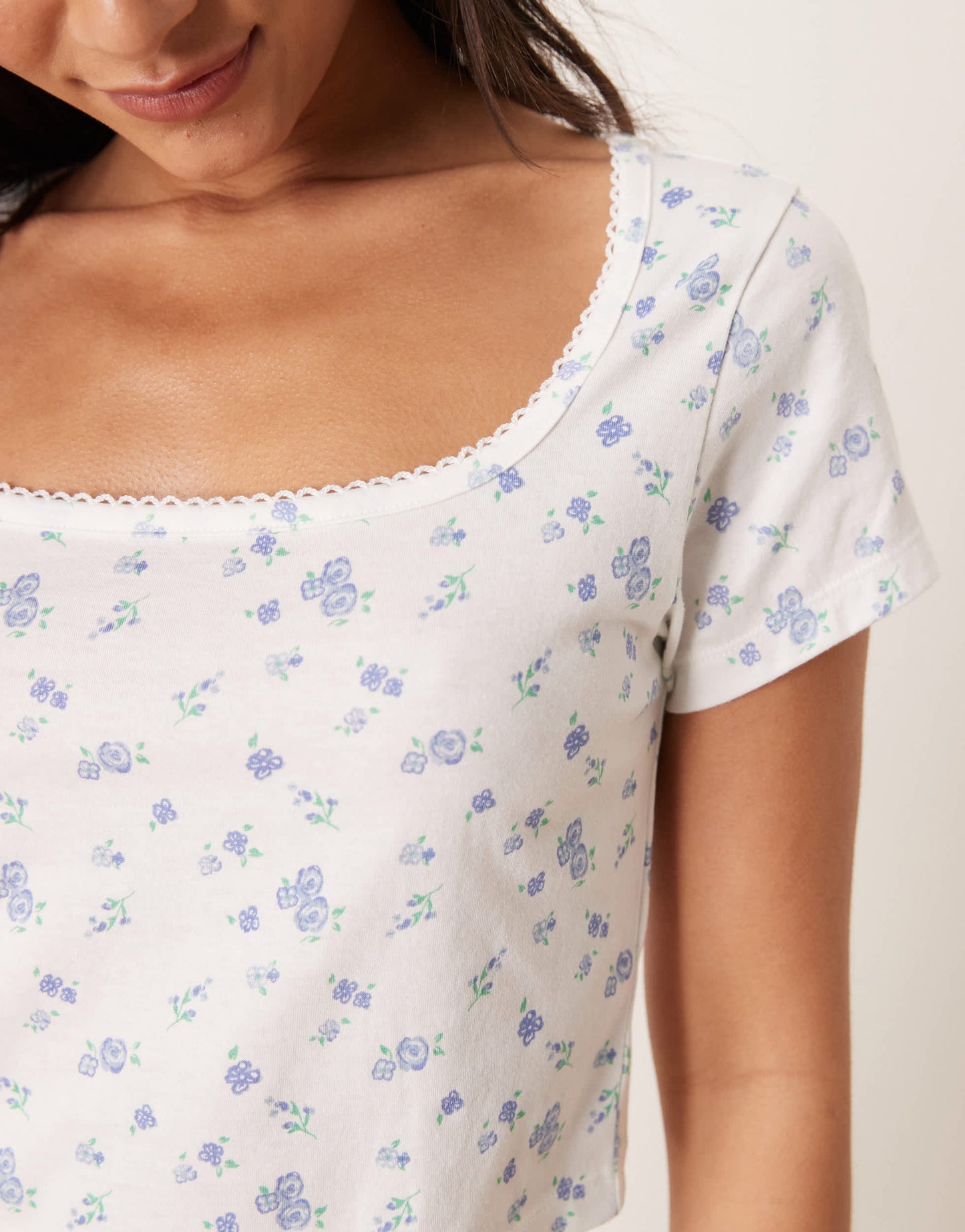 ASOS DESIGN mix & match fitted pyjama tee with picot trim in blue ditsy print