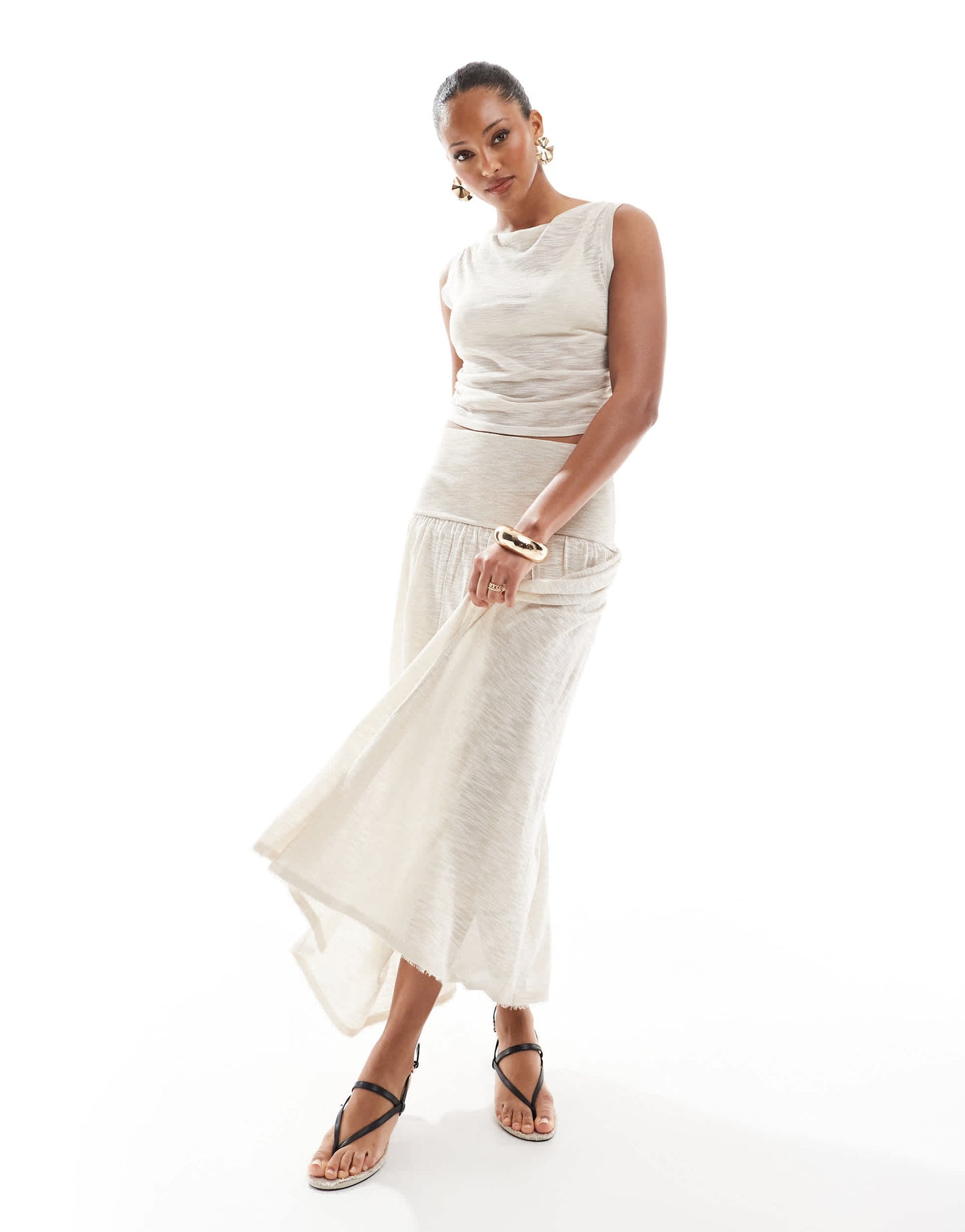 4th & Reckless knitted deep waistband drop waist maxi skirt co-ord in beige