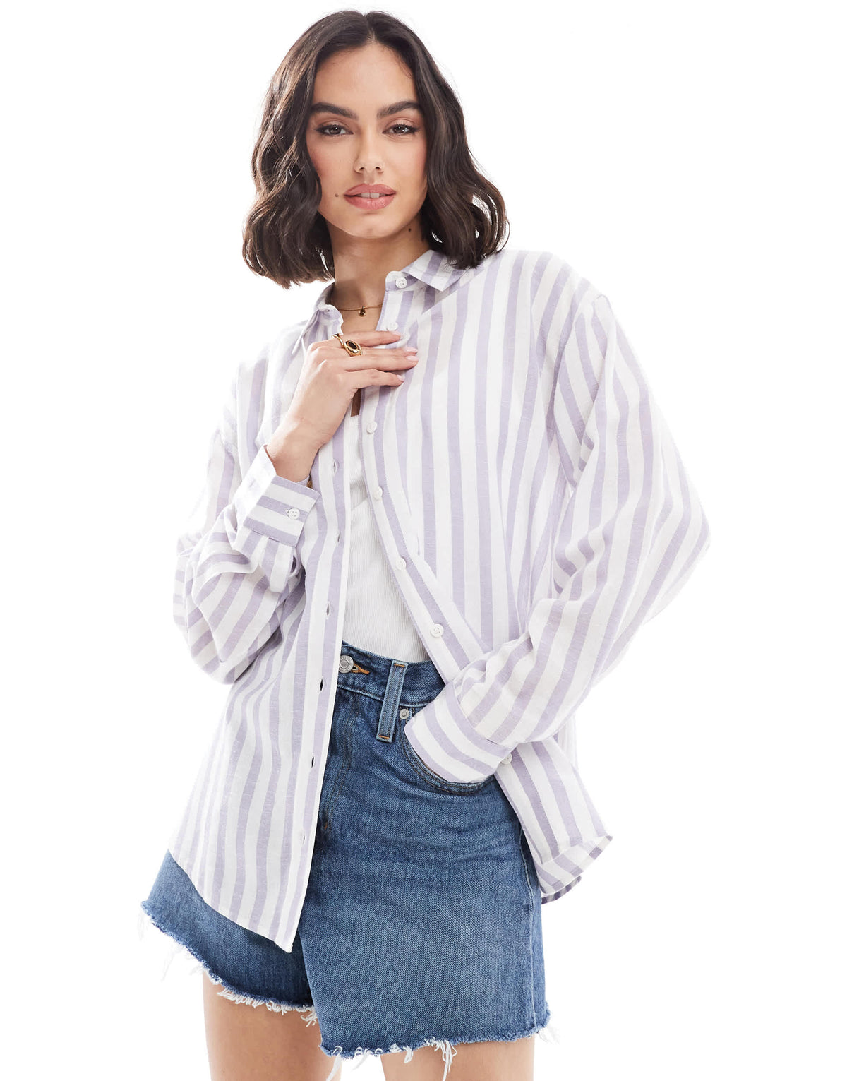 ASOS DESIGN linen blend shirt in blue & white stripe