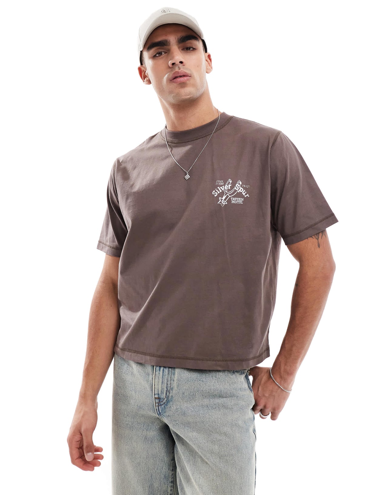 Cotton On boxy oversized t-shirt with Silver Spurt graphic in chocolate