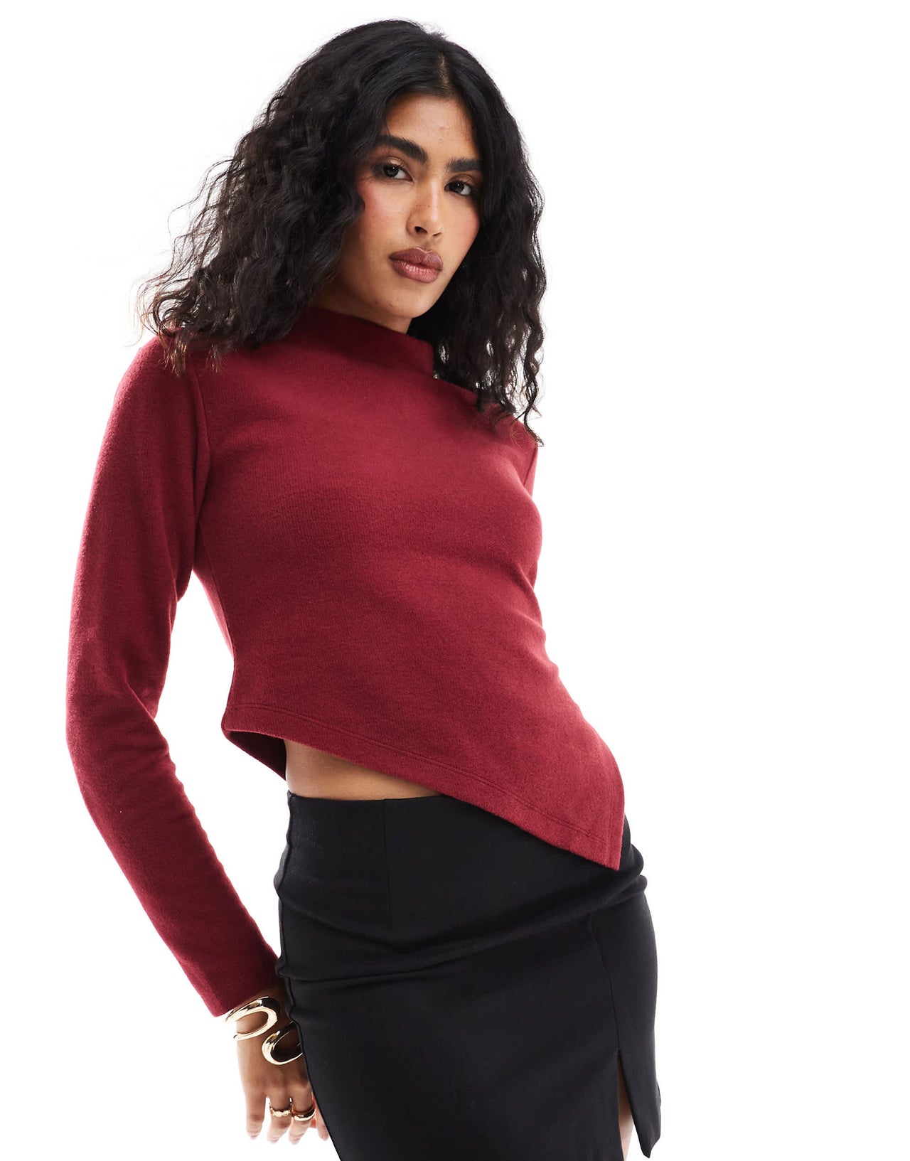 ASOS DESIGN roll neck asymmetric supersoft top in burgundy