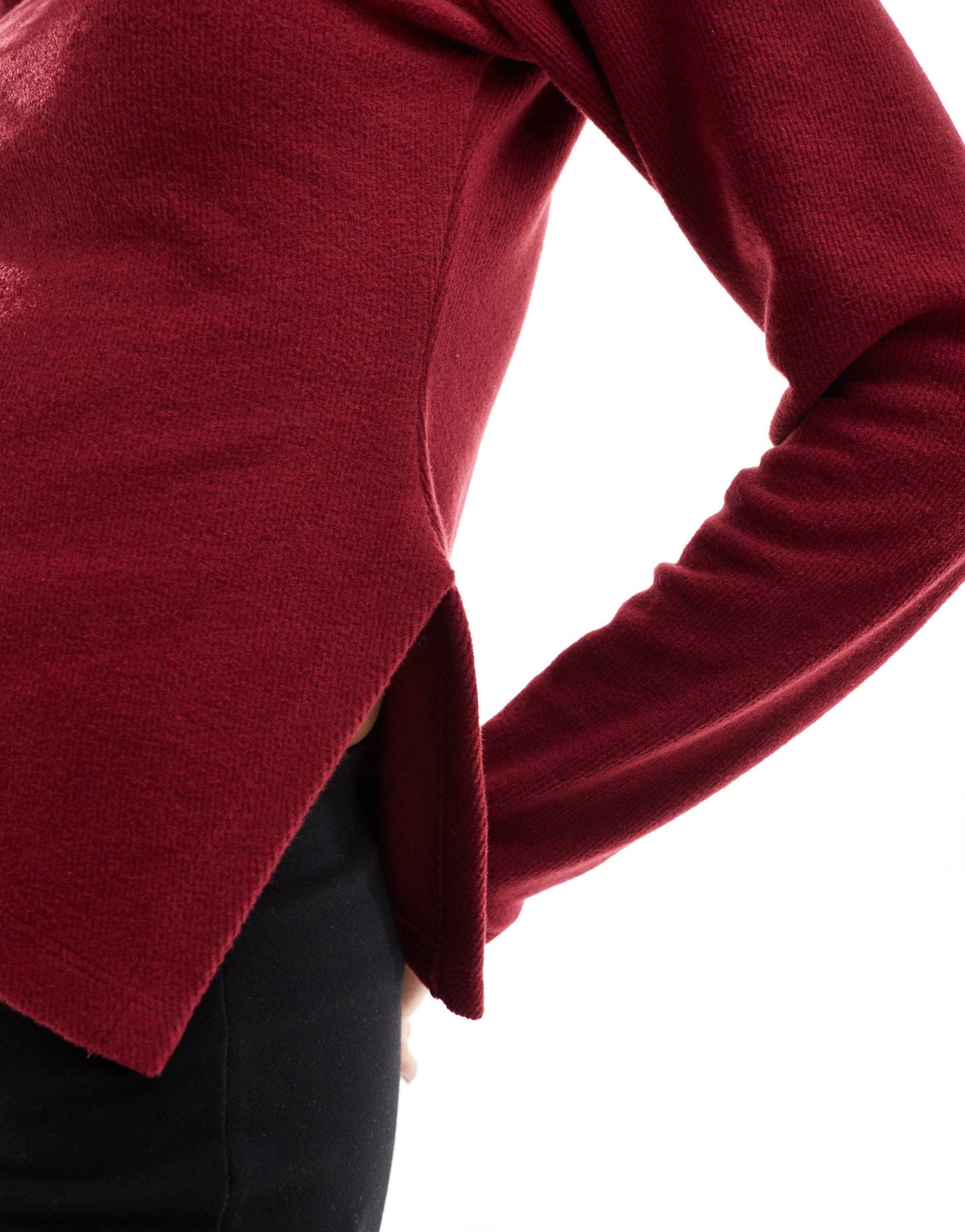 ASOS DESIGN roll neck asymmetric supersoft top in burgundy