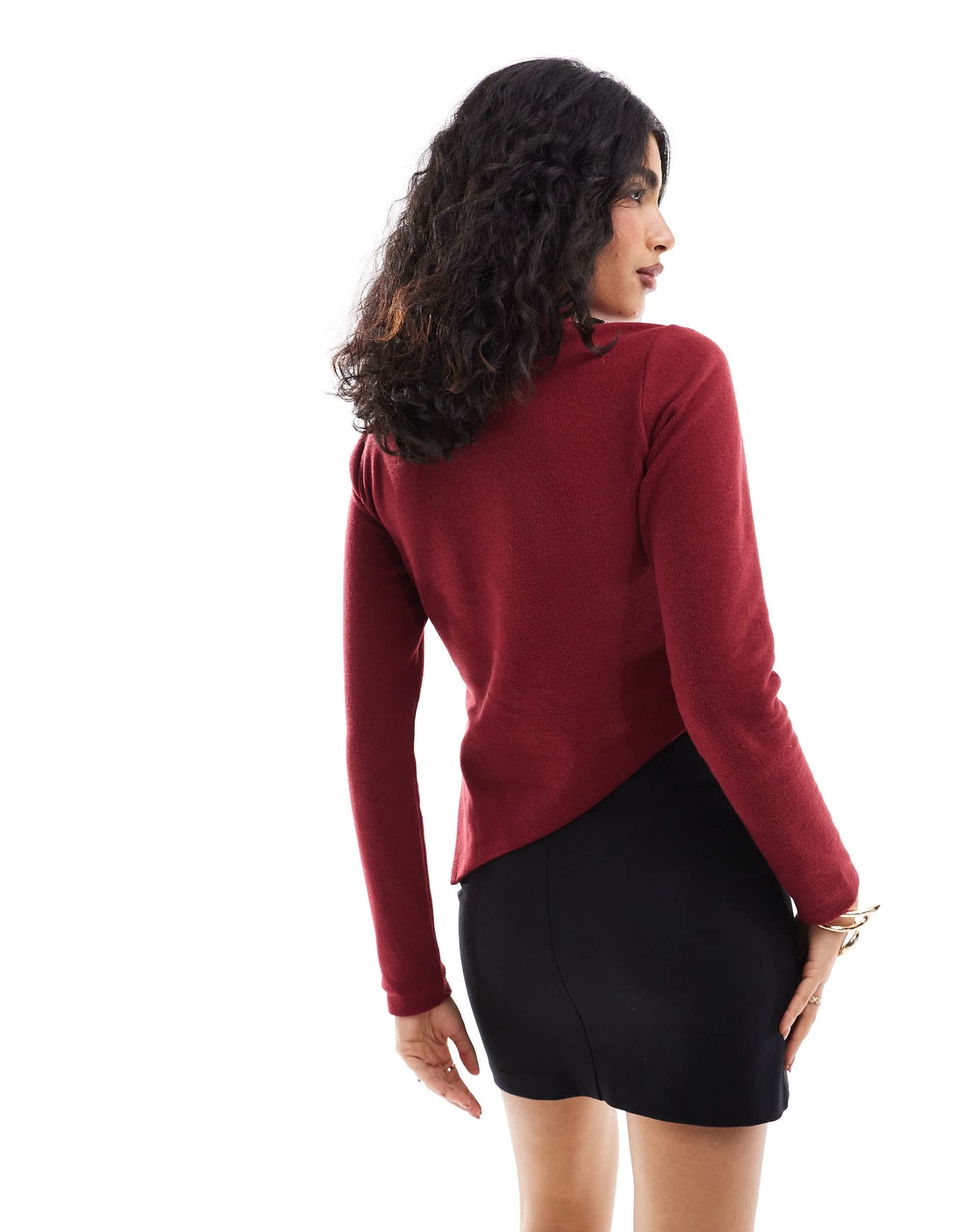 ASOS DESIGN roll neck asymmetric supersoft top in burgundy