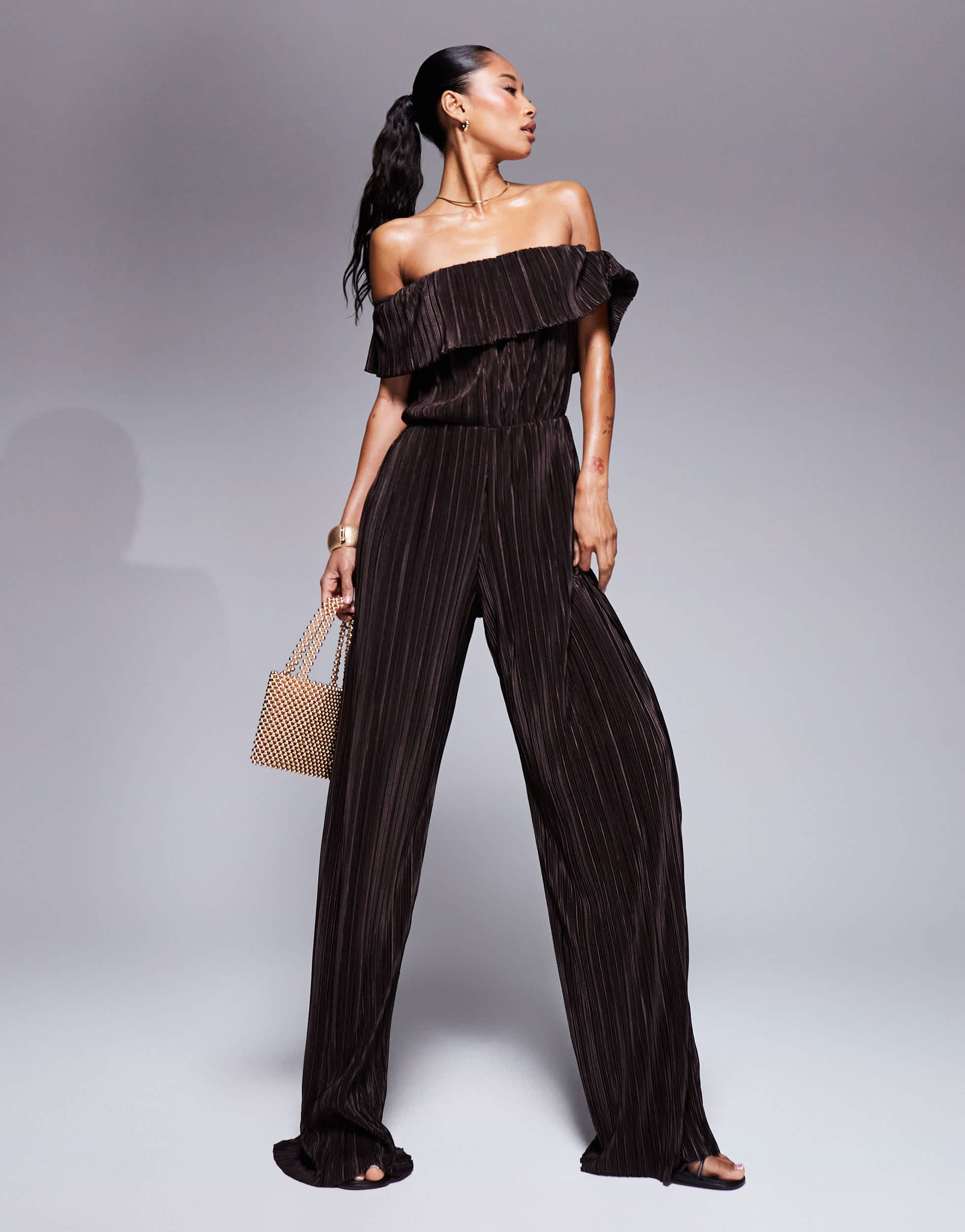 ASOS DESIGN plisse bardot wide leg jumpsuit in chocolate