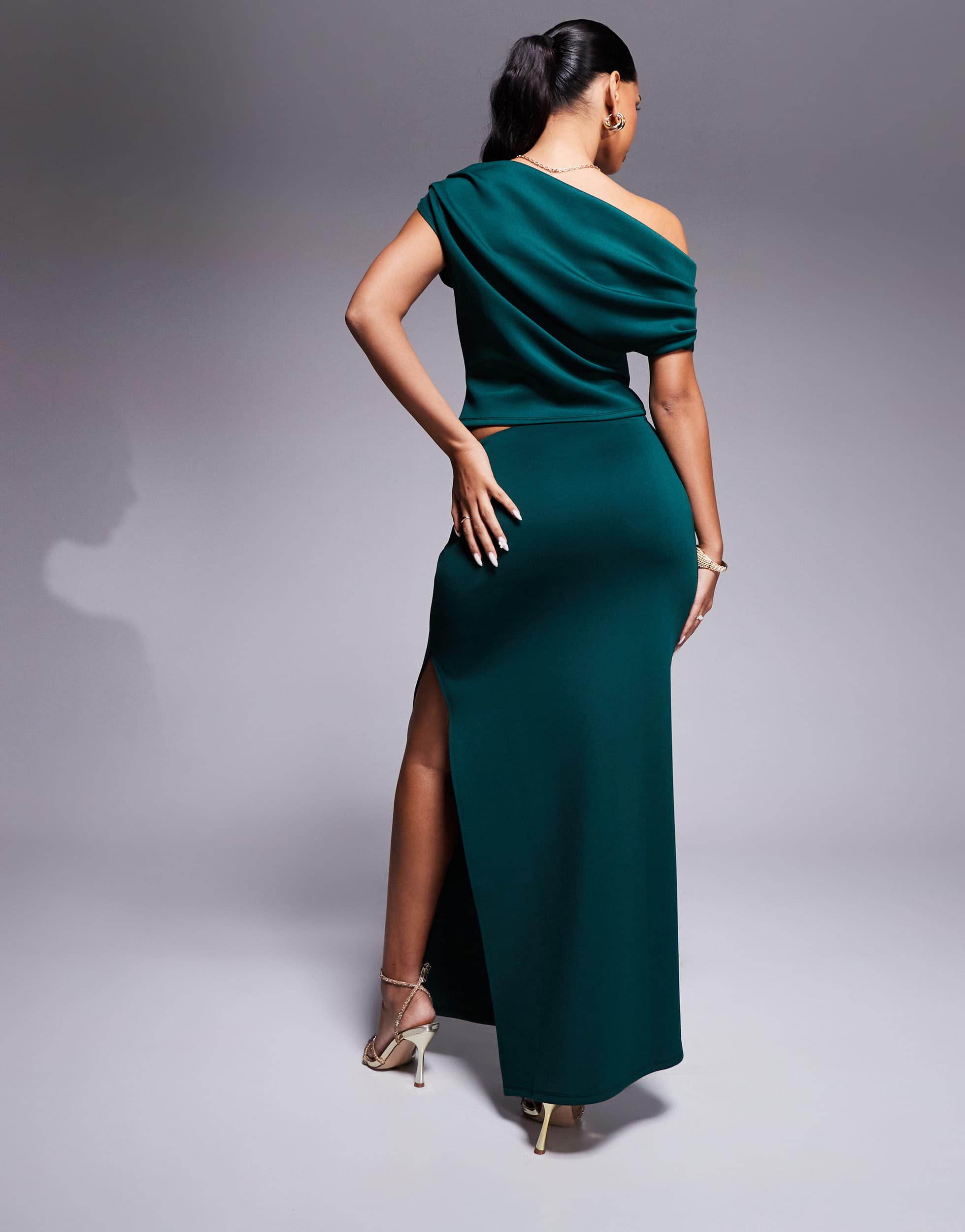 ASOS DESIGN co-ord pleated side column maxi skirt with side split in bottle green in scuba-style fabric