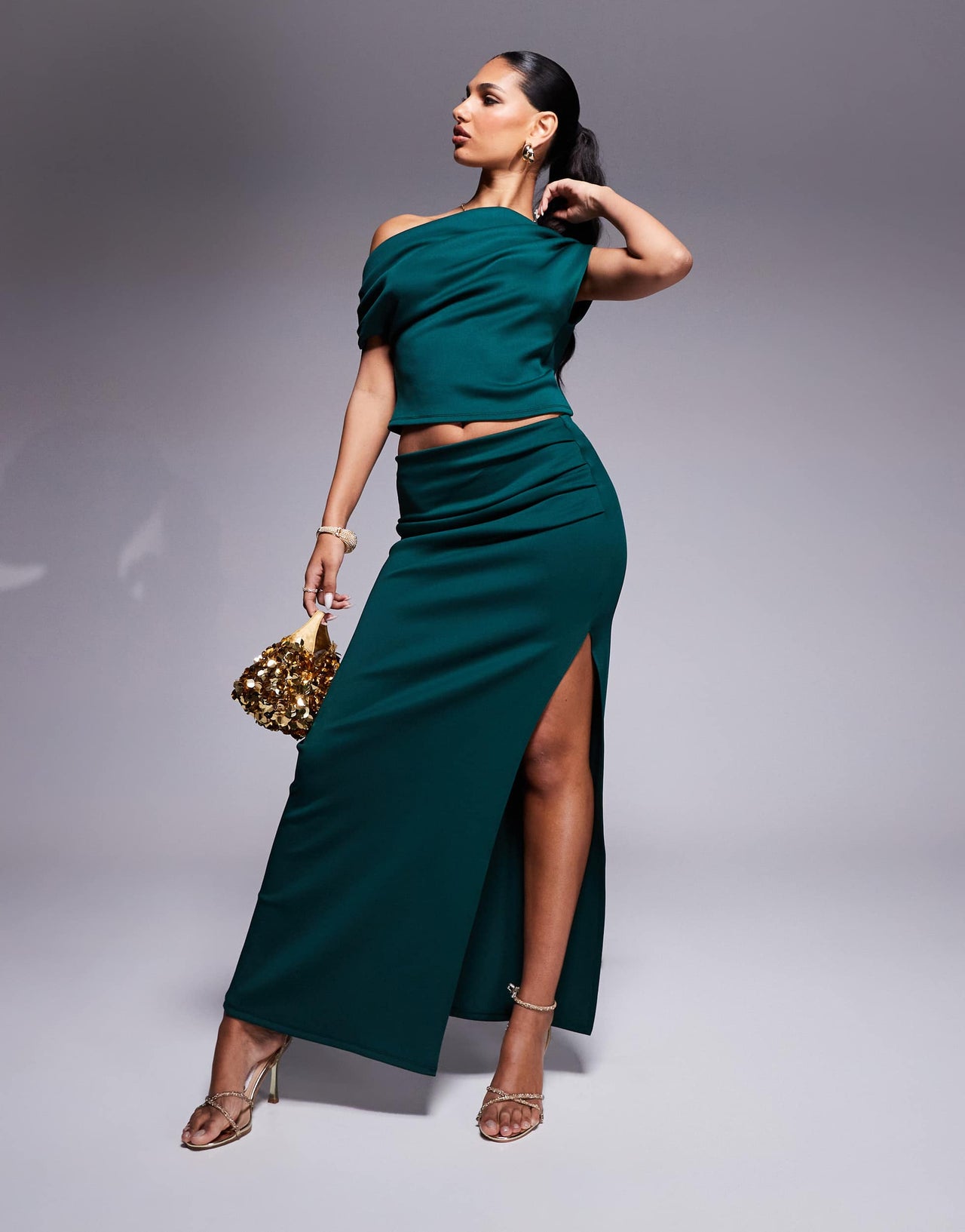 ASOS DESIGN co-ord pleated side column maxi skirt with side split in bottle green in scuba-style fabric