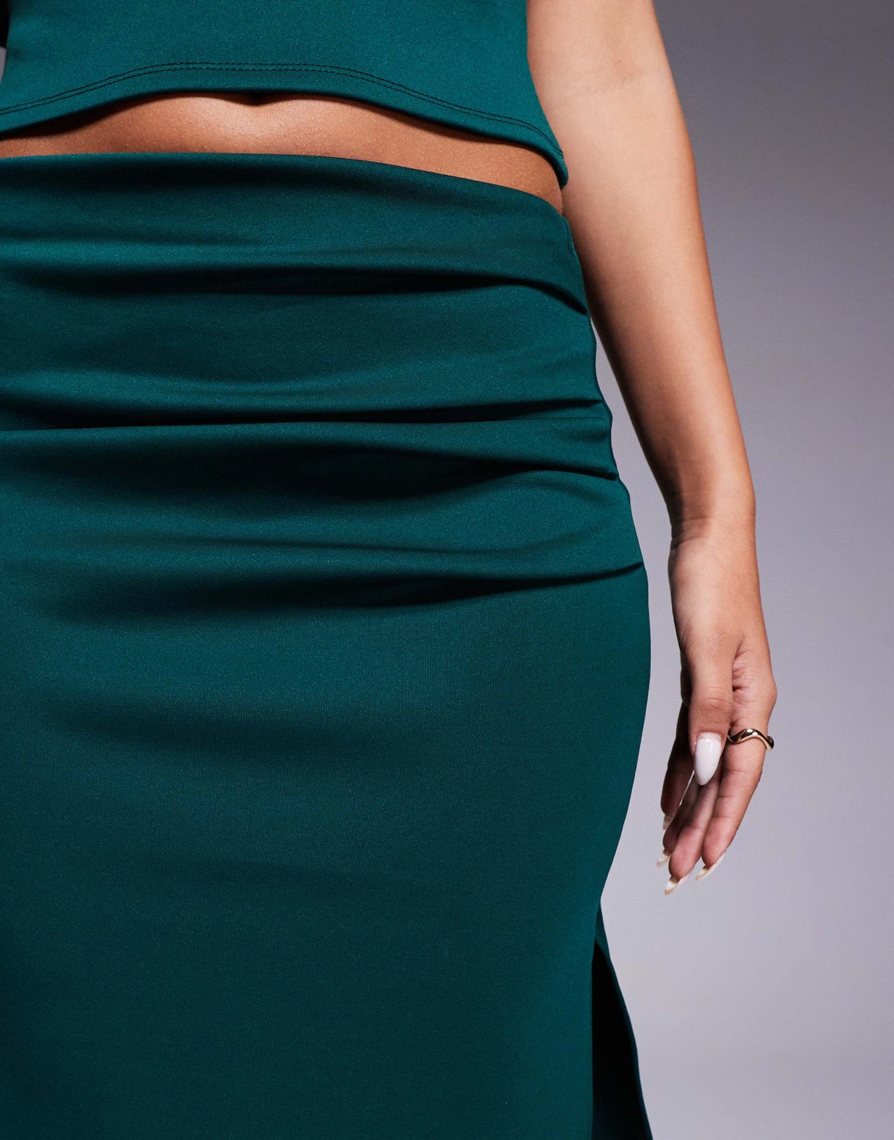 ASOS DESIGN co-ord pleated side column maxi skirt with side split in bottle green in scuba-style fabric