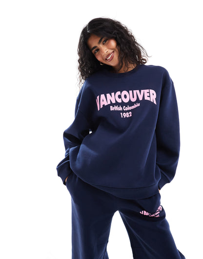 ASOS DESIGN oversized sweatshirt co-ord with vancouver graphic in navy