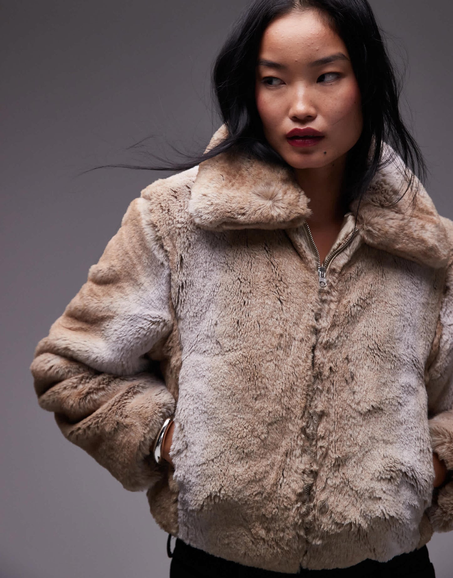 Mango oversized collar fur jacket in beige