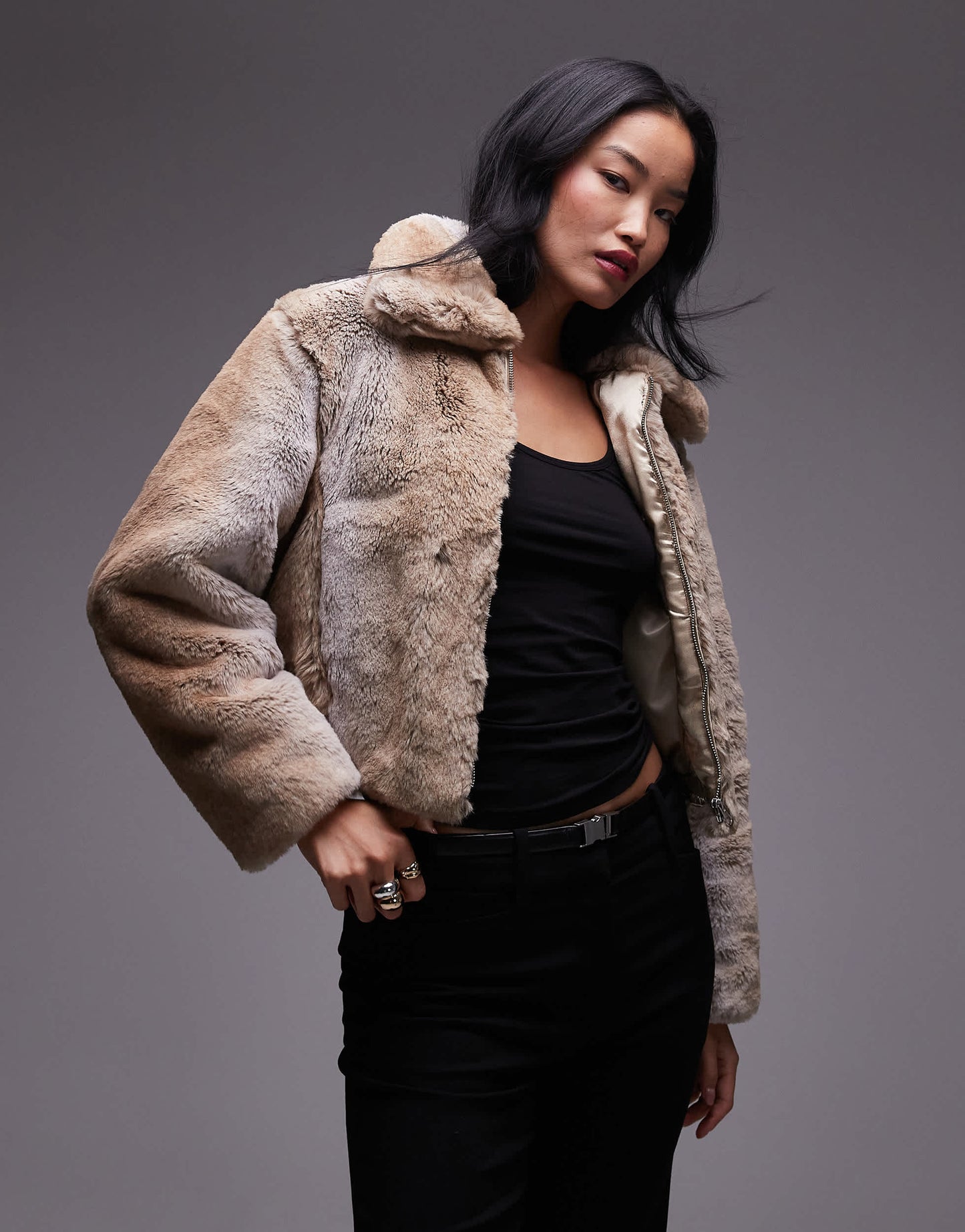 Mango oversized collar fur jacket in beige