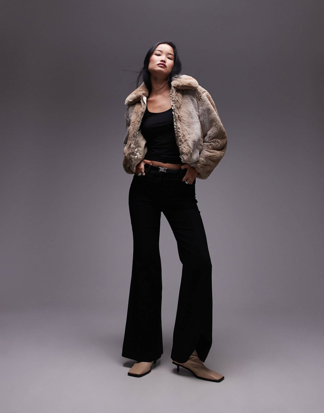 Mango oversized collar fur jacket in beige