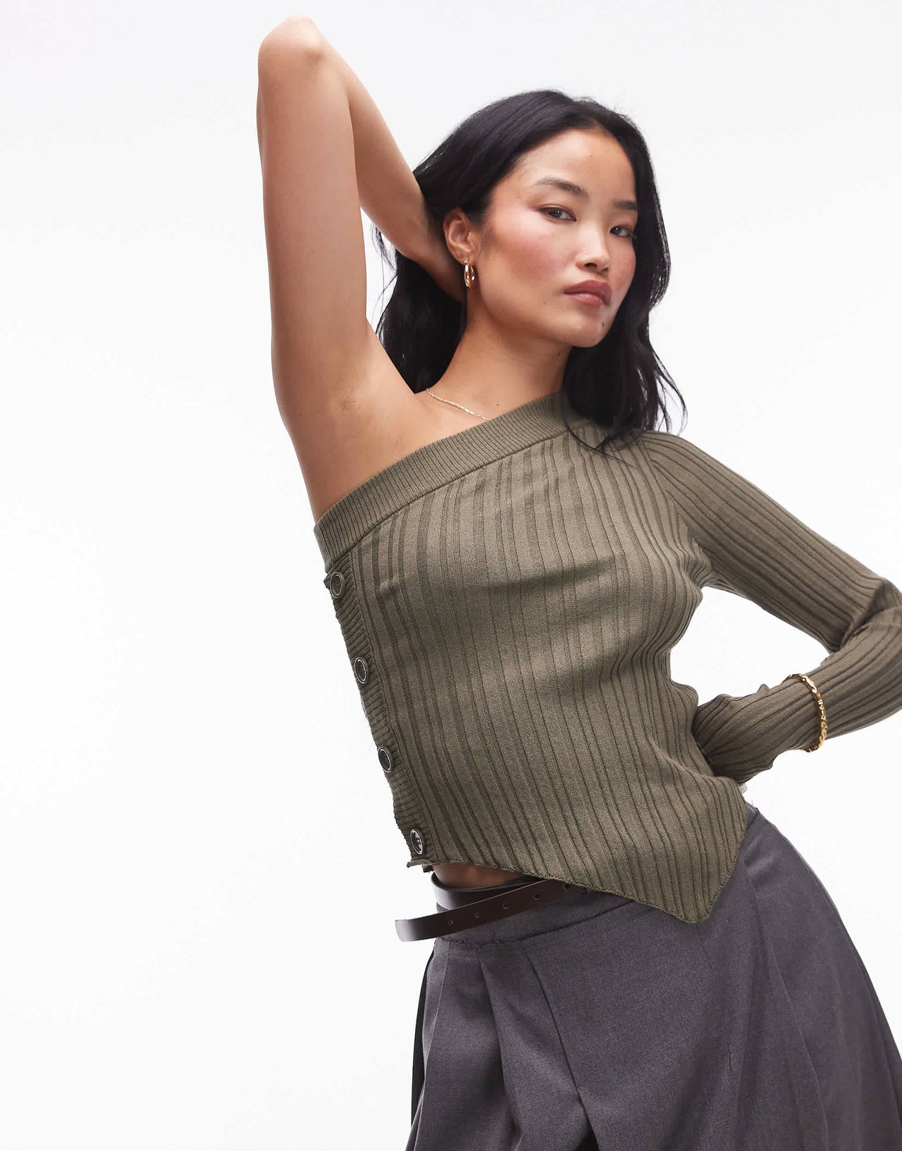 Mango button side one shoulder jumper in khaki