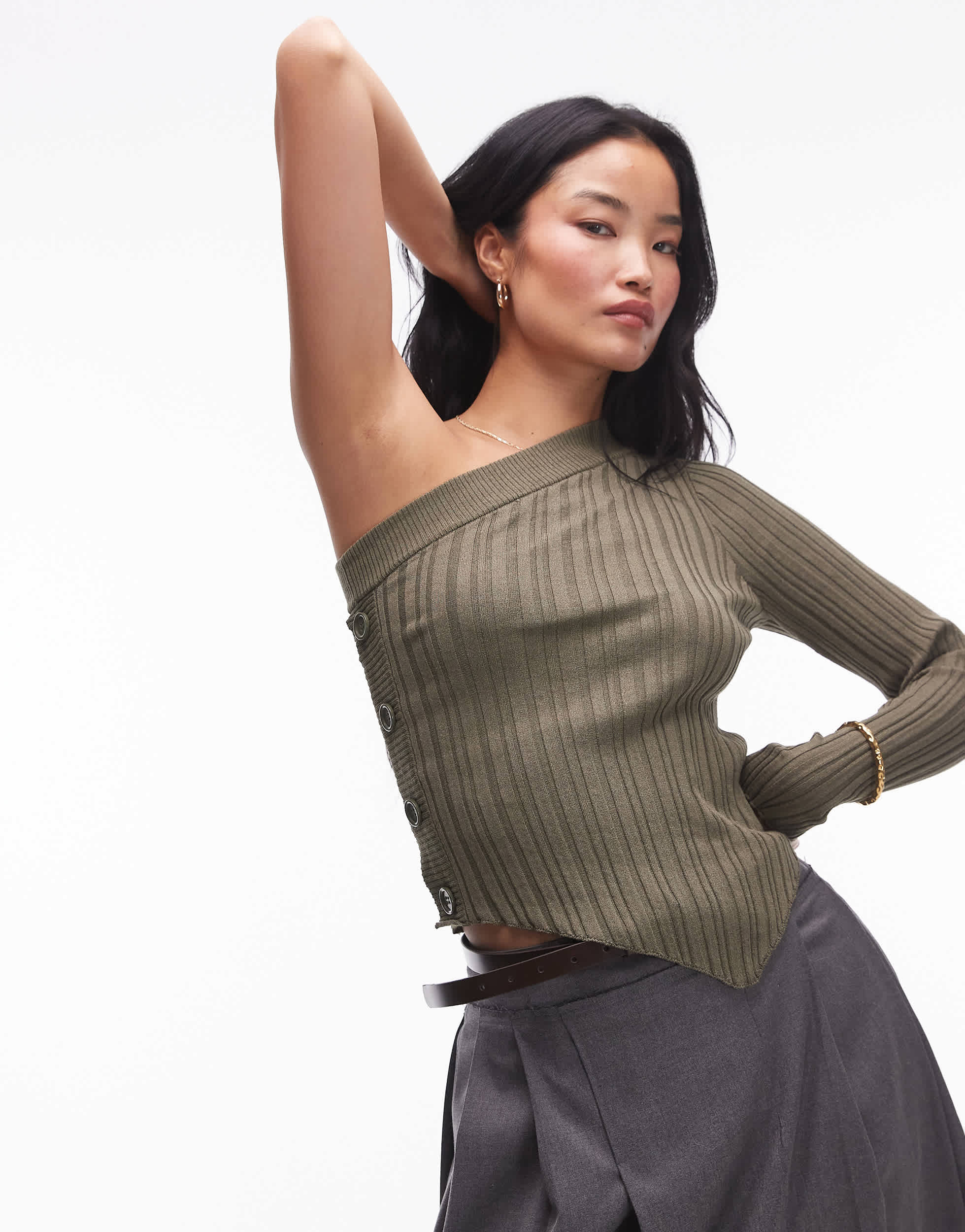 Mango button side one shoulder jumper in khaki