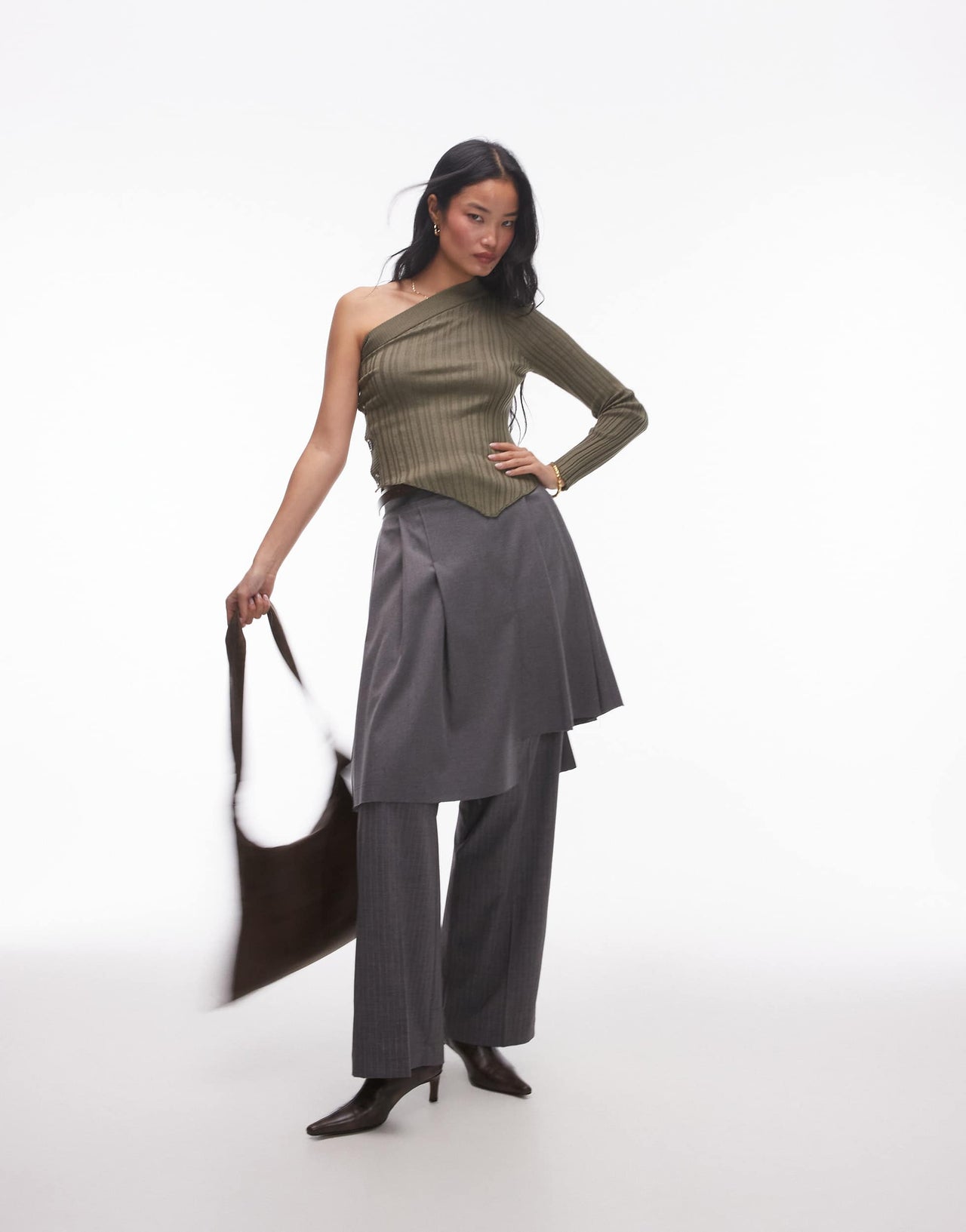 Mango button side one shoulder jumper in khaki