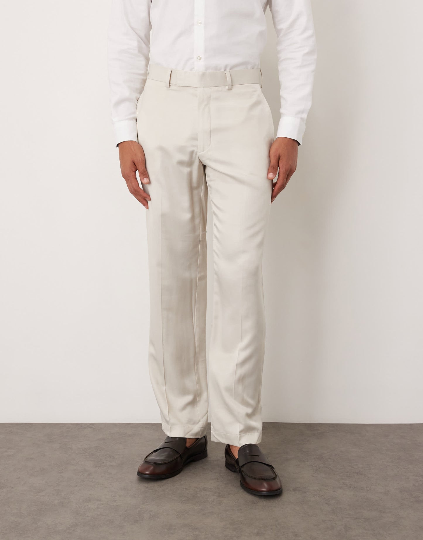 ASOS DESIGN straight leg suit trousers in beige satin