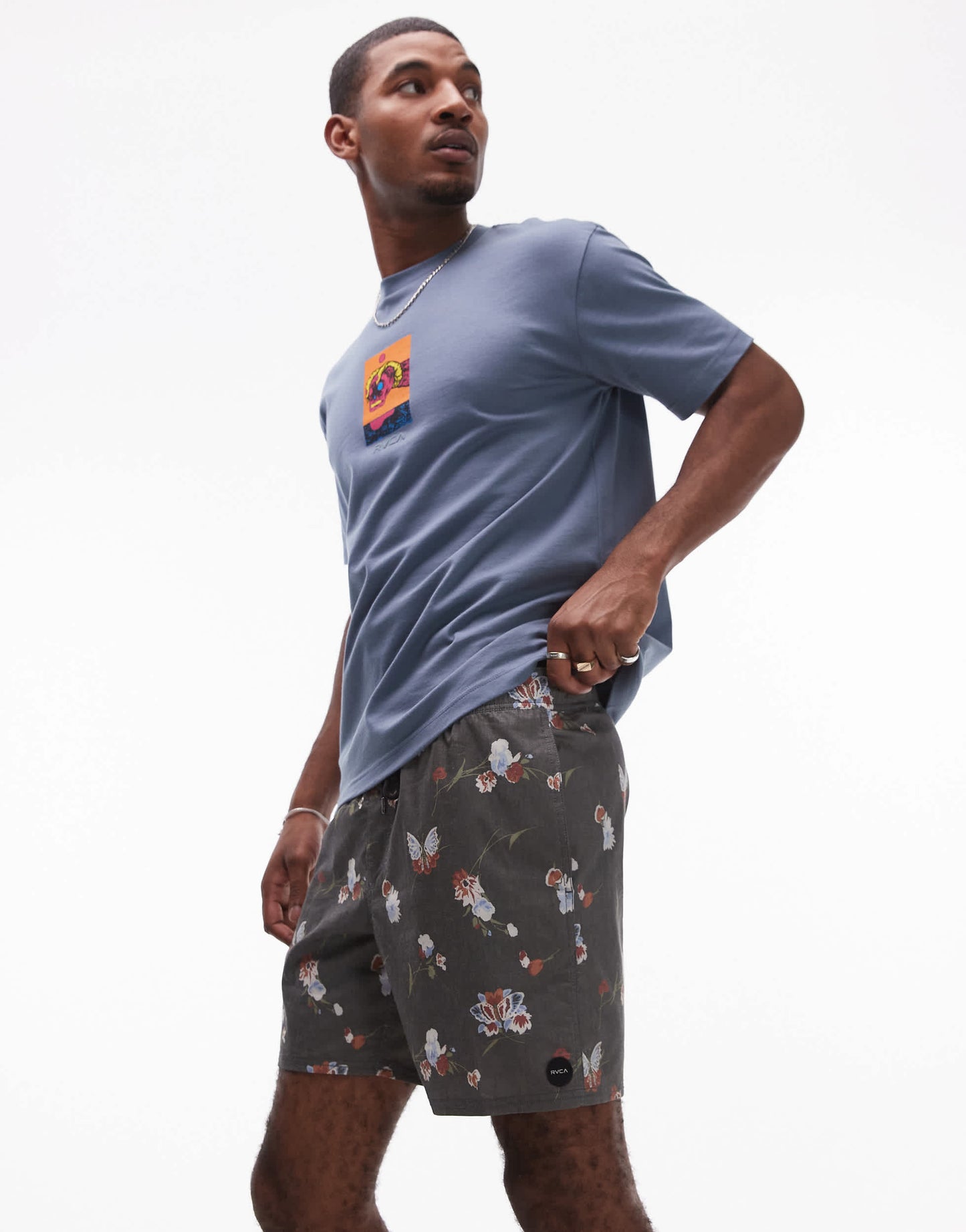 RVCA barnes elastic waist swim short in black floral print