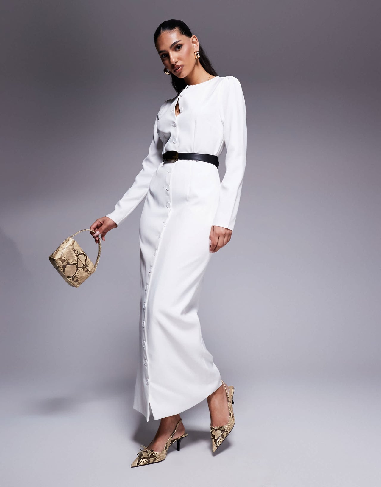 Kaiia exclusive tailored long sleeve button through maxi dress in white