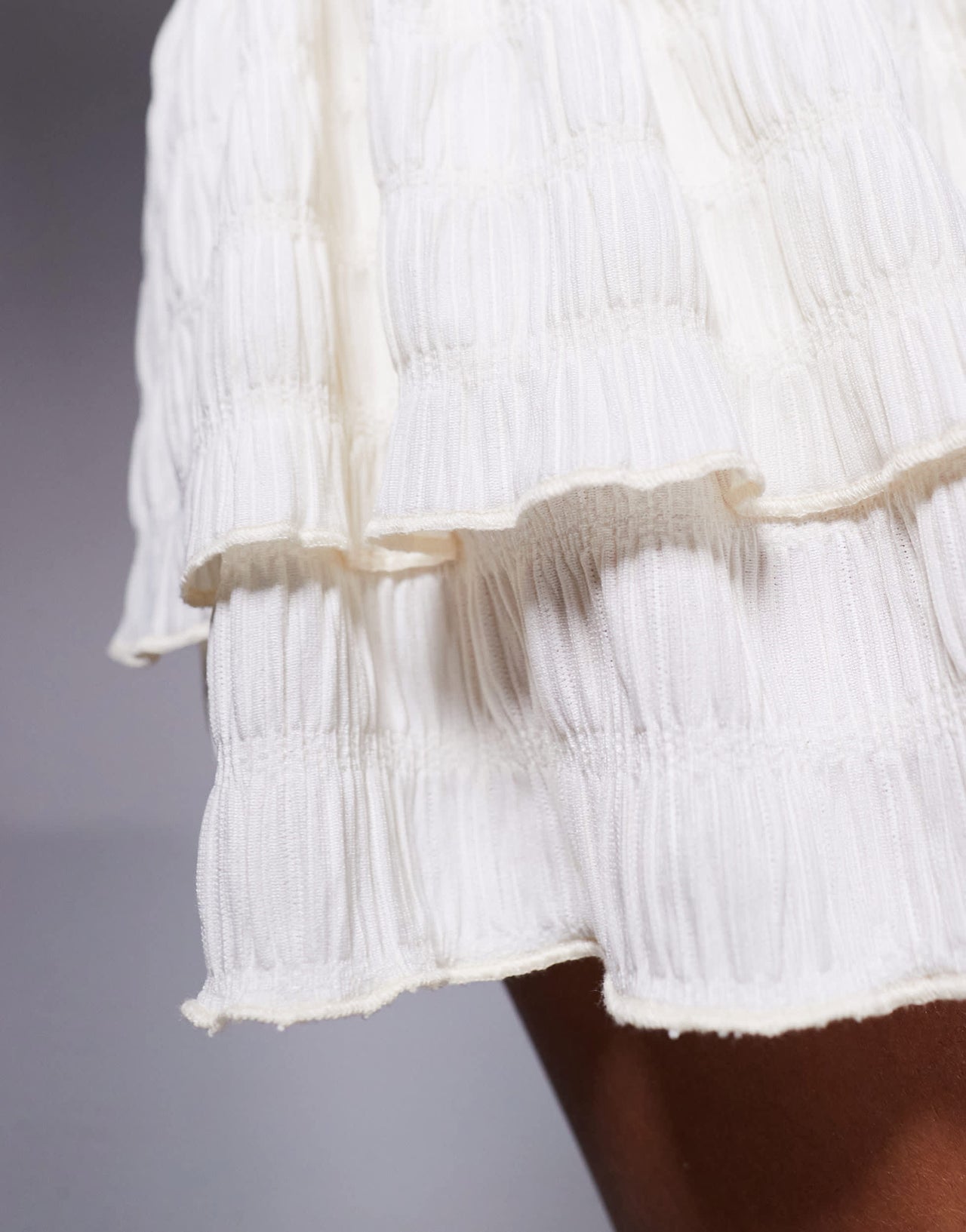 Kaiia exclusive shirred waist textured ruffle hem rara mini skirt co-ord in cream
