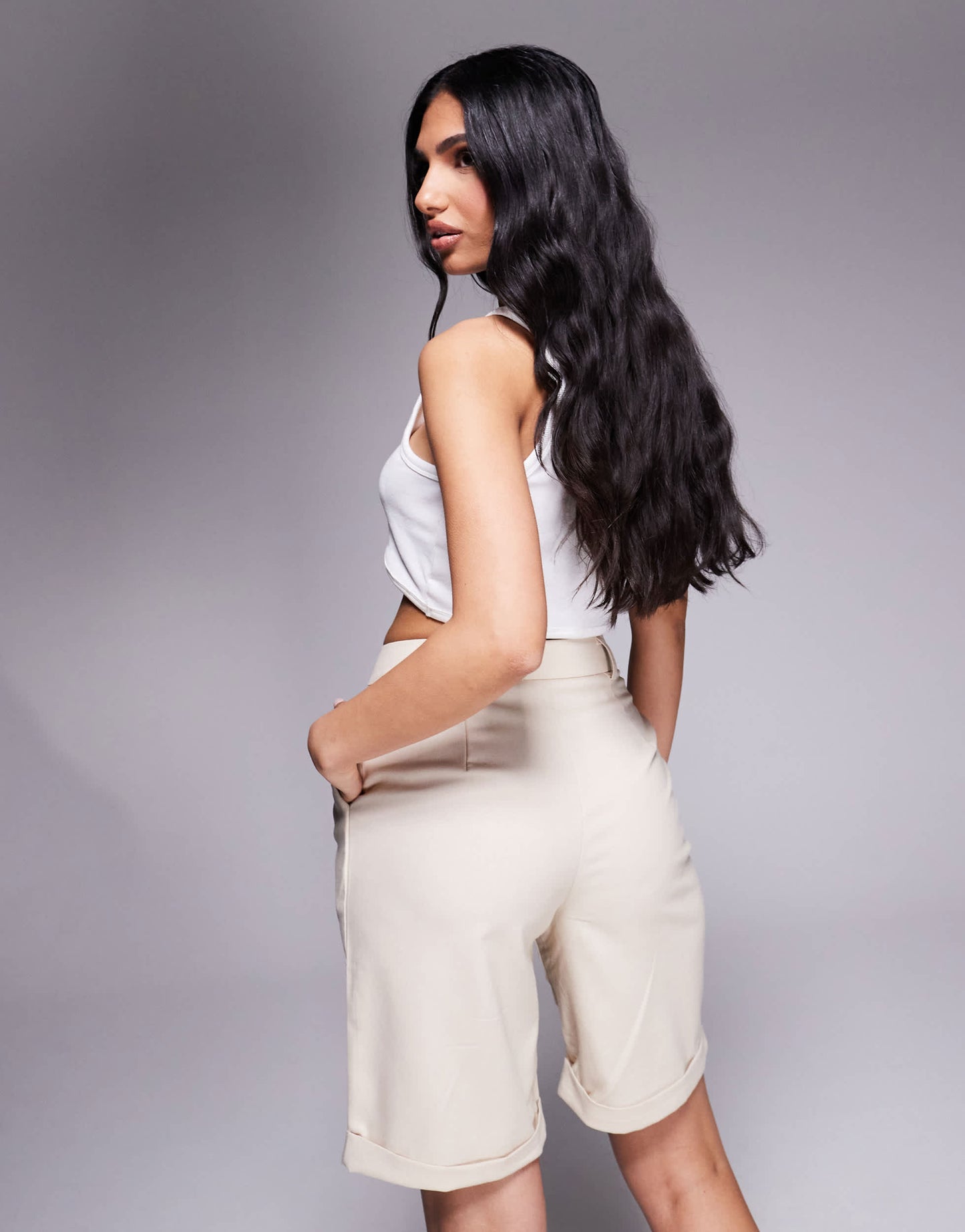 Kaiia exclusive cotton rich tailored longline shorts in beige