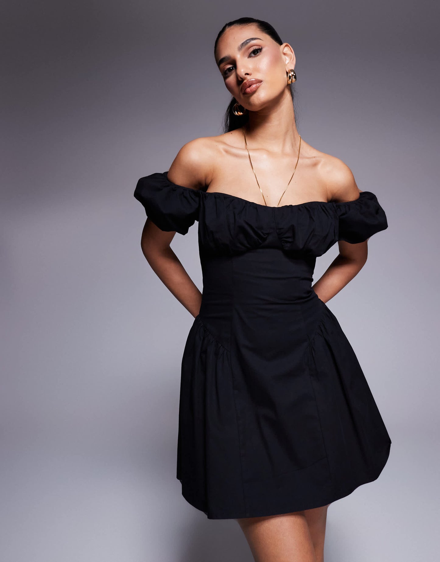 Kaiia exclusive cotton rich poplin puff sleeve hip pleat detail mini dress in black