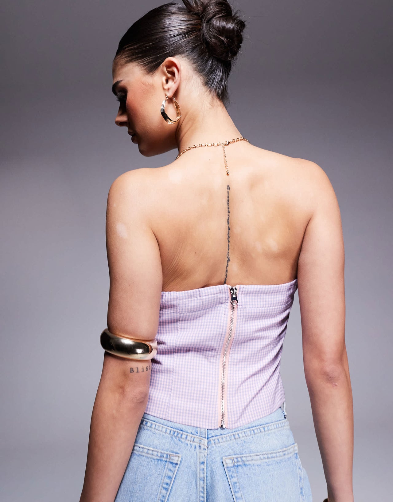 Kaiia exclusive cotton rich bandeau crop top in lilac and pink gingham