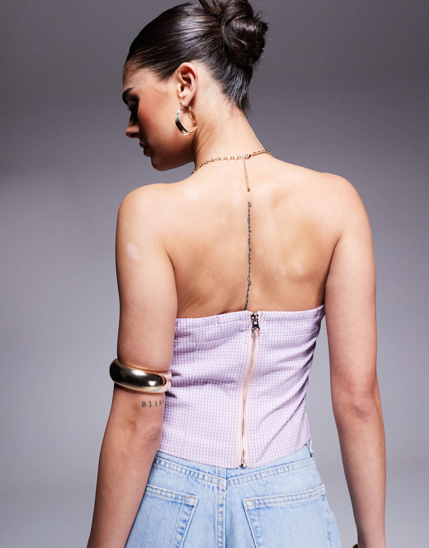 Kaiia exclusive cotton rich bandeau crop top in lilac and pink gingham