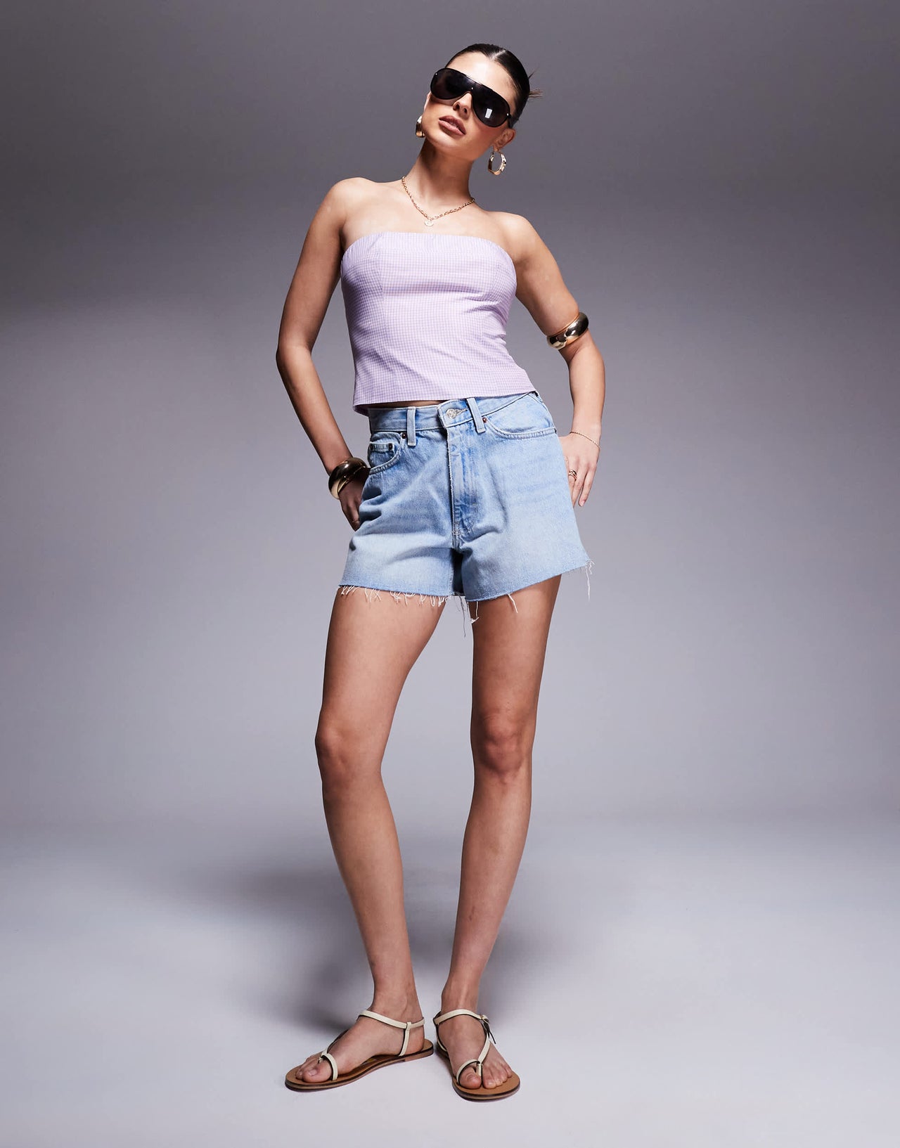 Kaiia exclusive cotton rich bandeau crop top in lilac and pink gingham