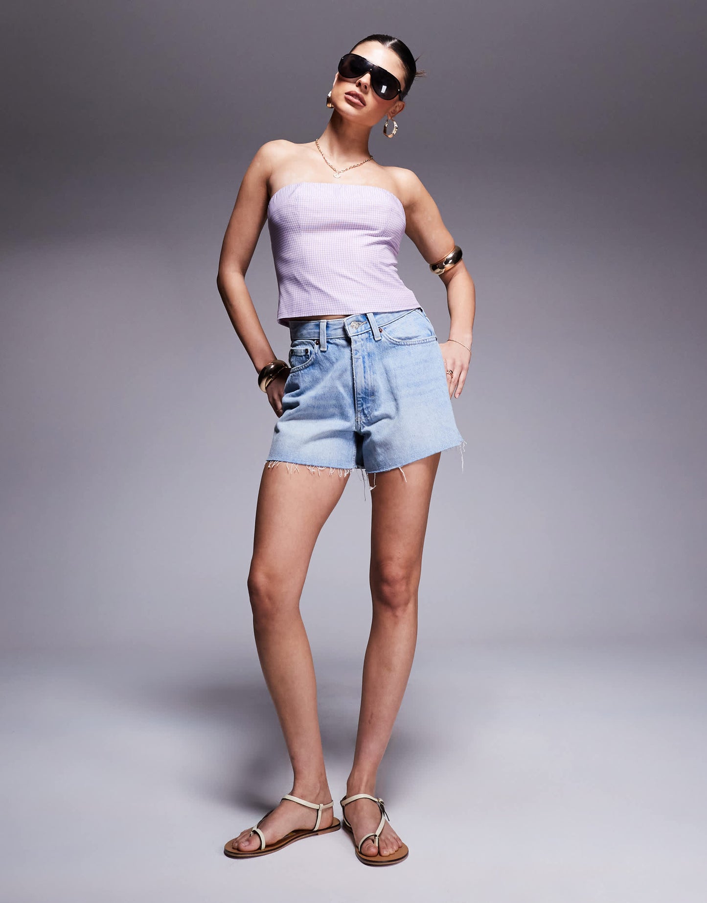 Kaiia exclusive cotton rich bandeau crop top in lilac and pink gingham