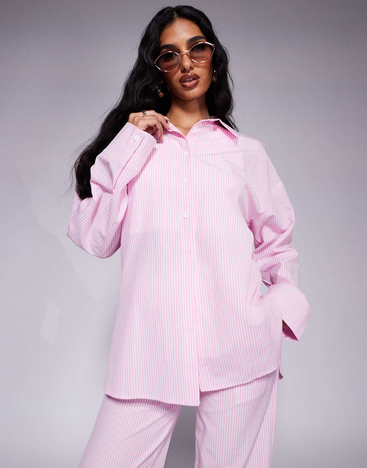 Kaiia exclusive cotton blend oversized button through poplin shirt co-ord in pink stripe