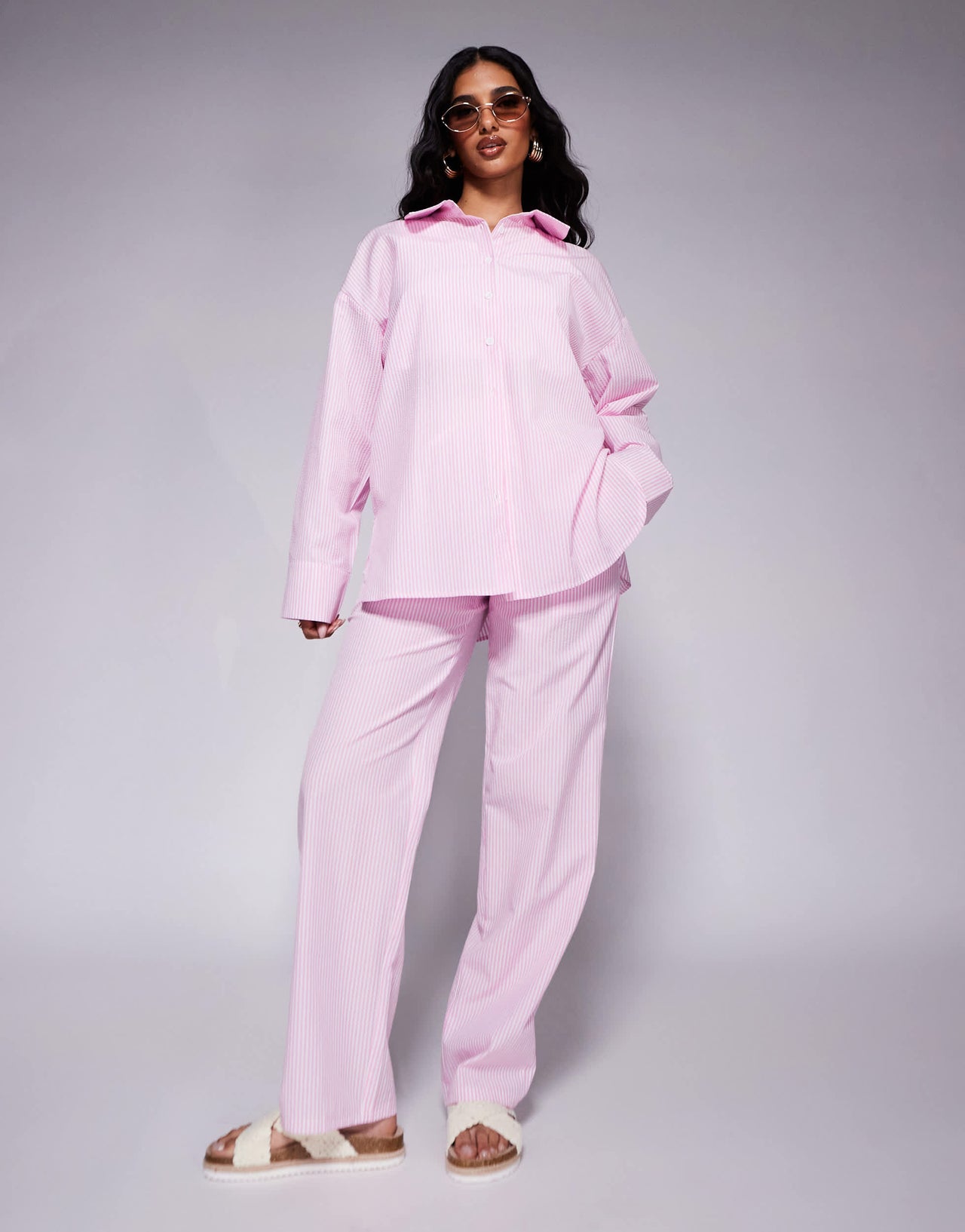 Kaiia exclusive cotton blend oversized button through poplin shirt co-ord in pink stripe