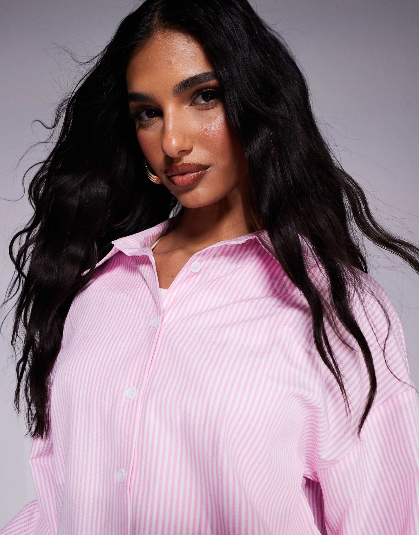 Kaiia exclusive cotton blend oversized button through poplin shirt co-ord in pink stripe