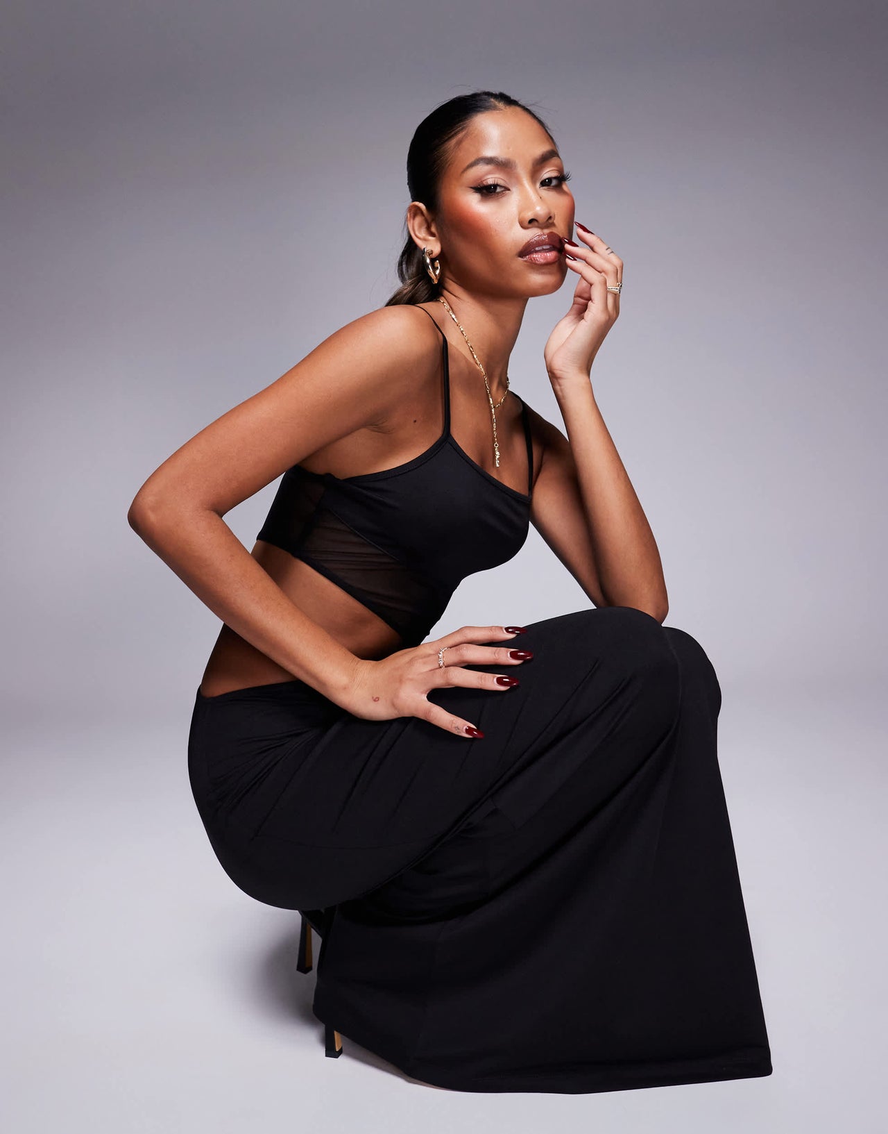 ASOS DESIGN cutaway mesh strappy maxi dress in black