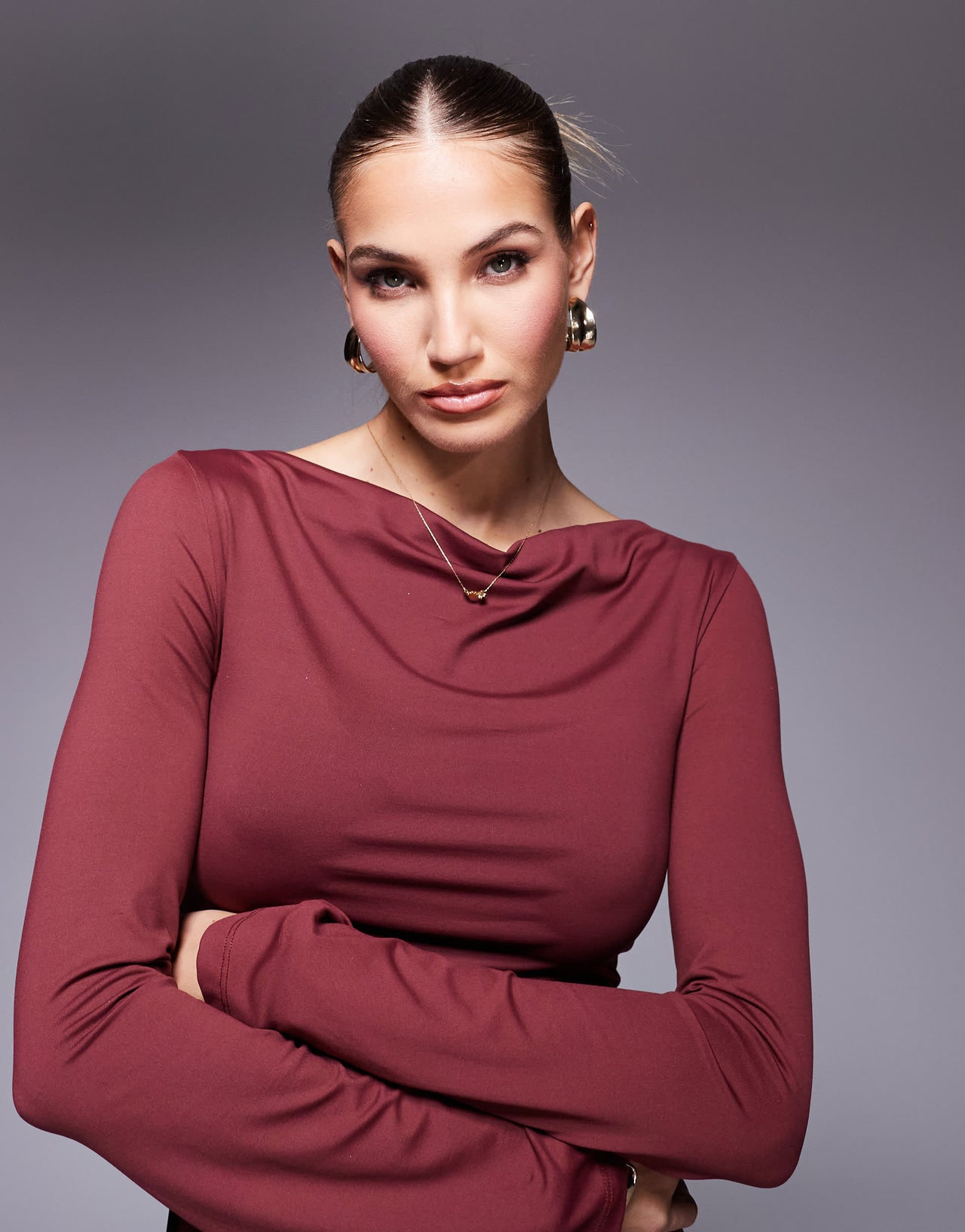 ASOS DESIGN slash neck cowl mini dress with flute sleeve in burgundy