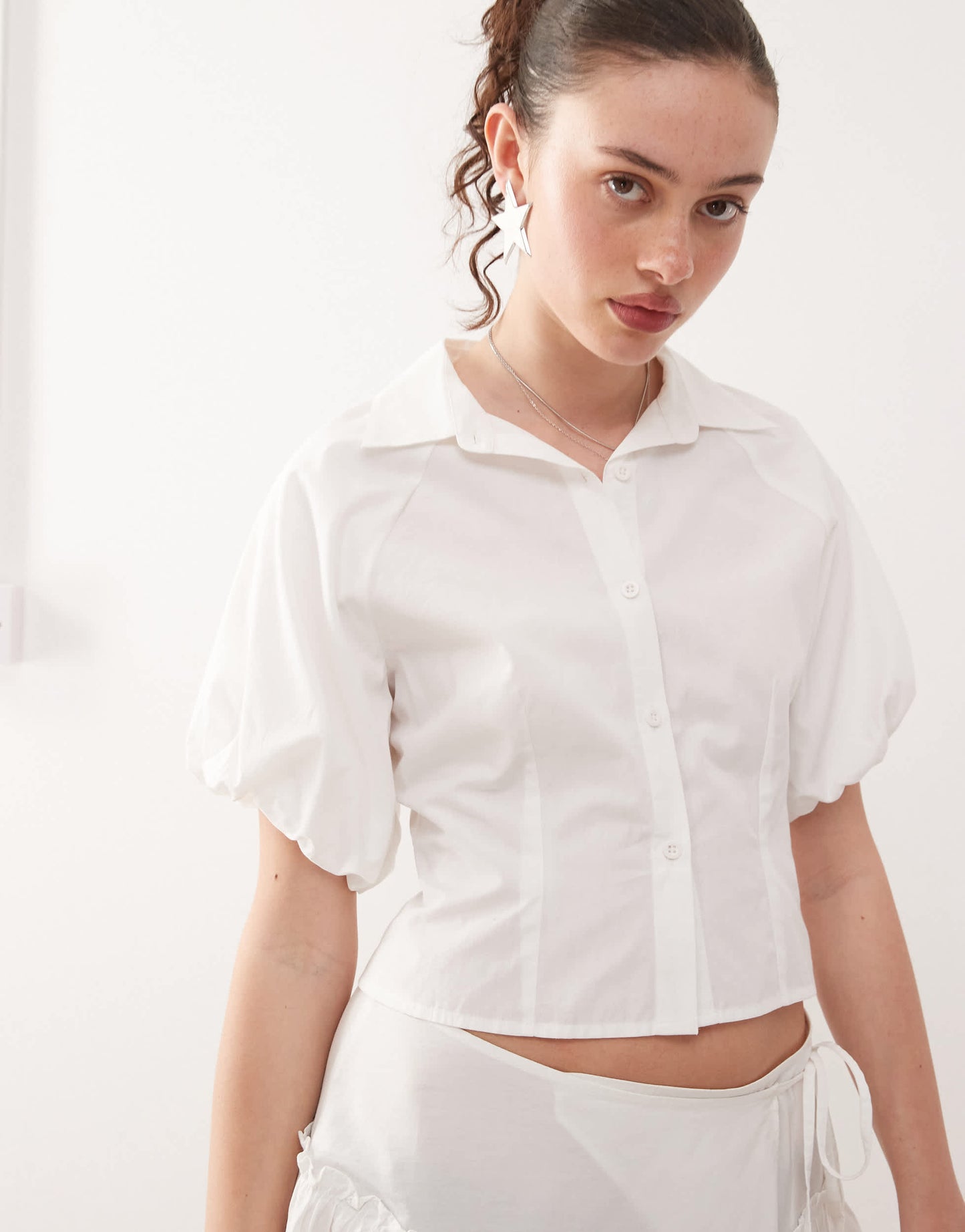 COLLUSION puff sleeve cinched shirt co-ord in white