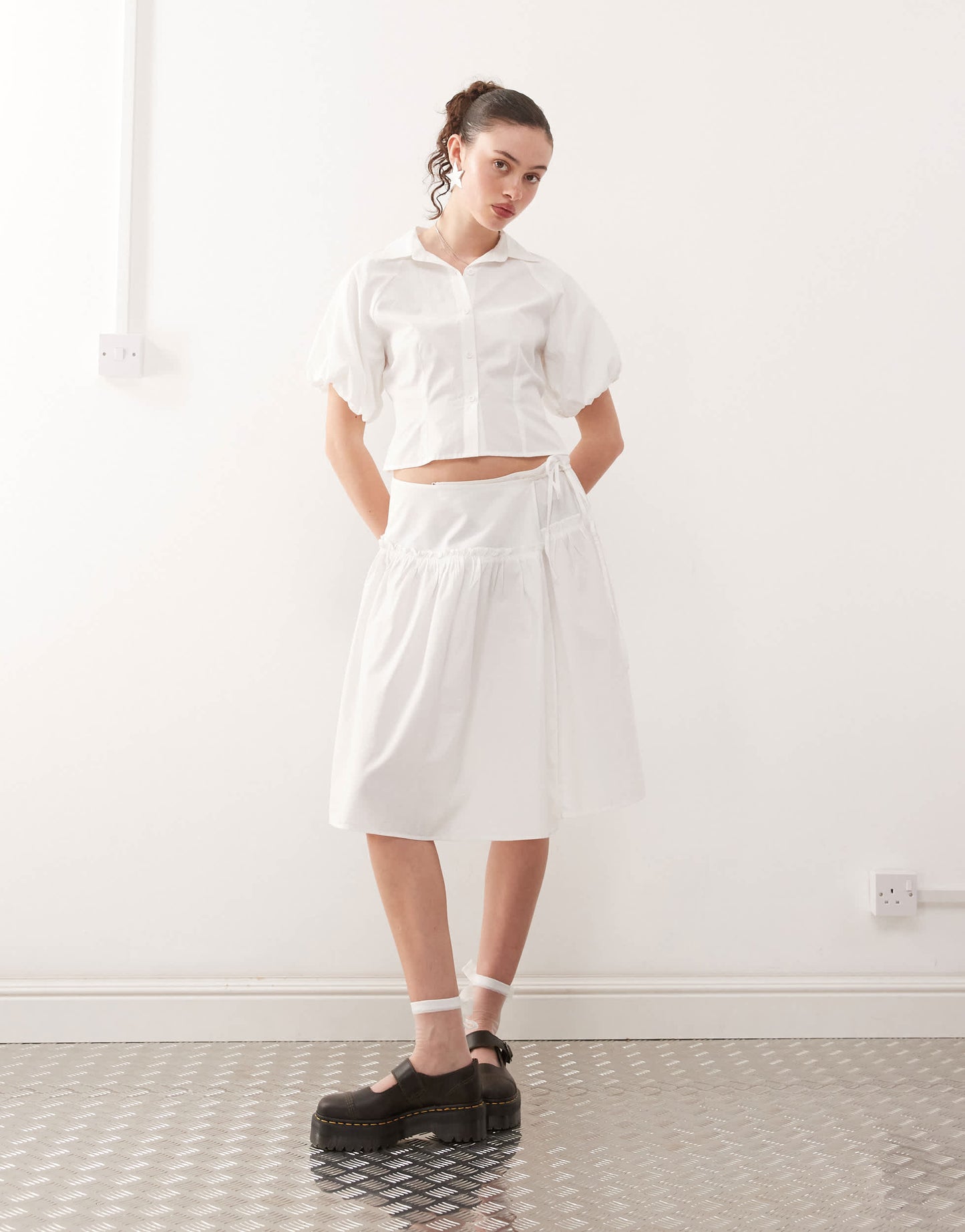 COLLUSION puff sleeve cinched shirt co-ord in white